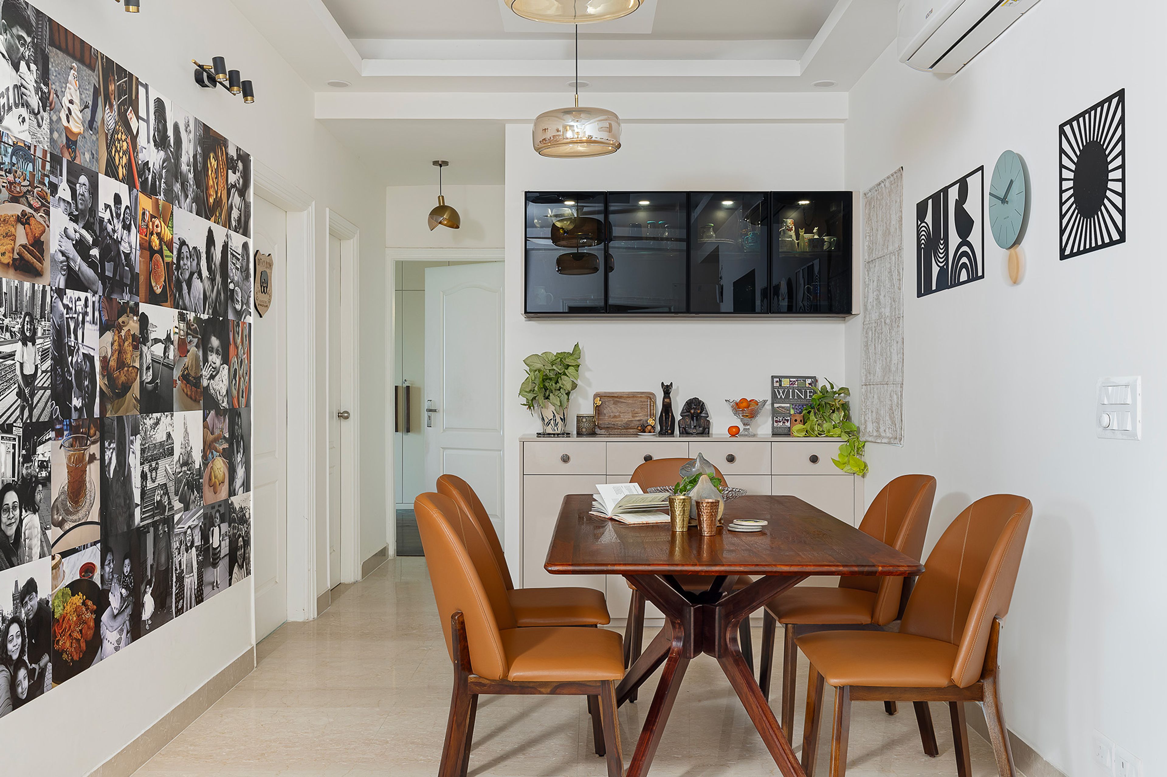 Dining Room Design with 4 Brown Leather Chairs and Wooden Table