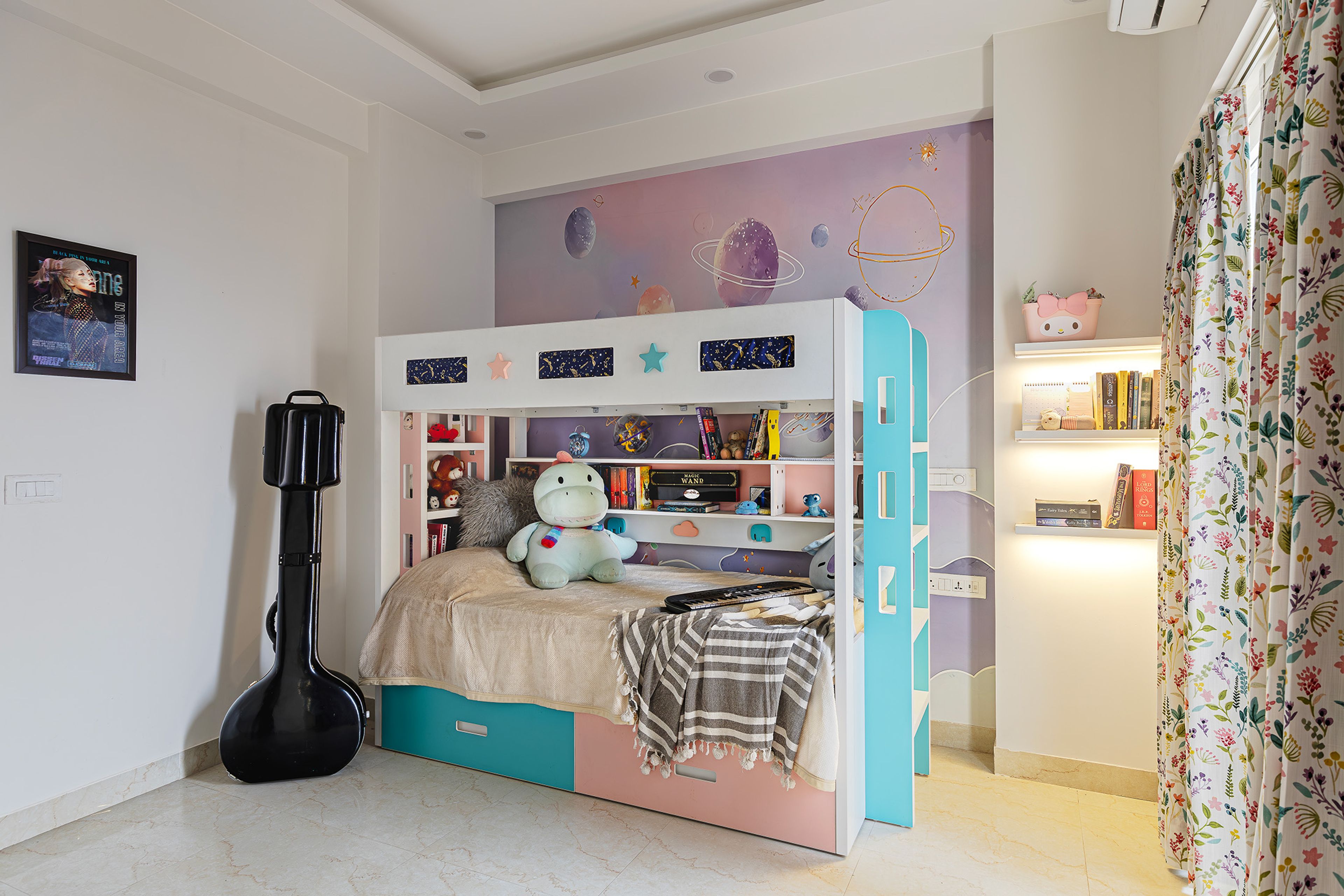 Kids Bedroom Design with Bunk Bed with Staircase and Space Themed Background Wallpaper