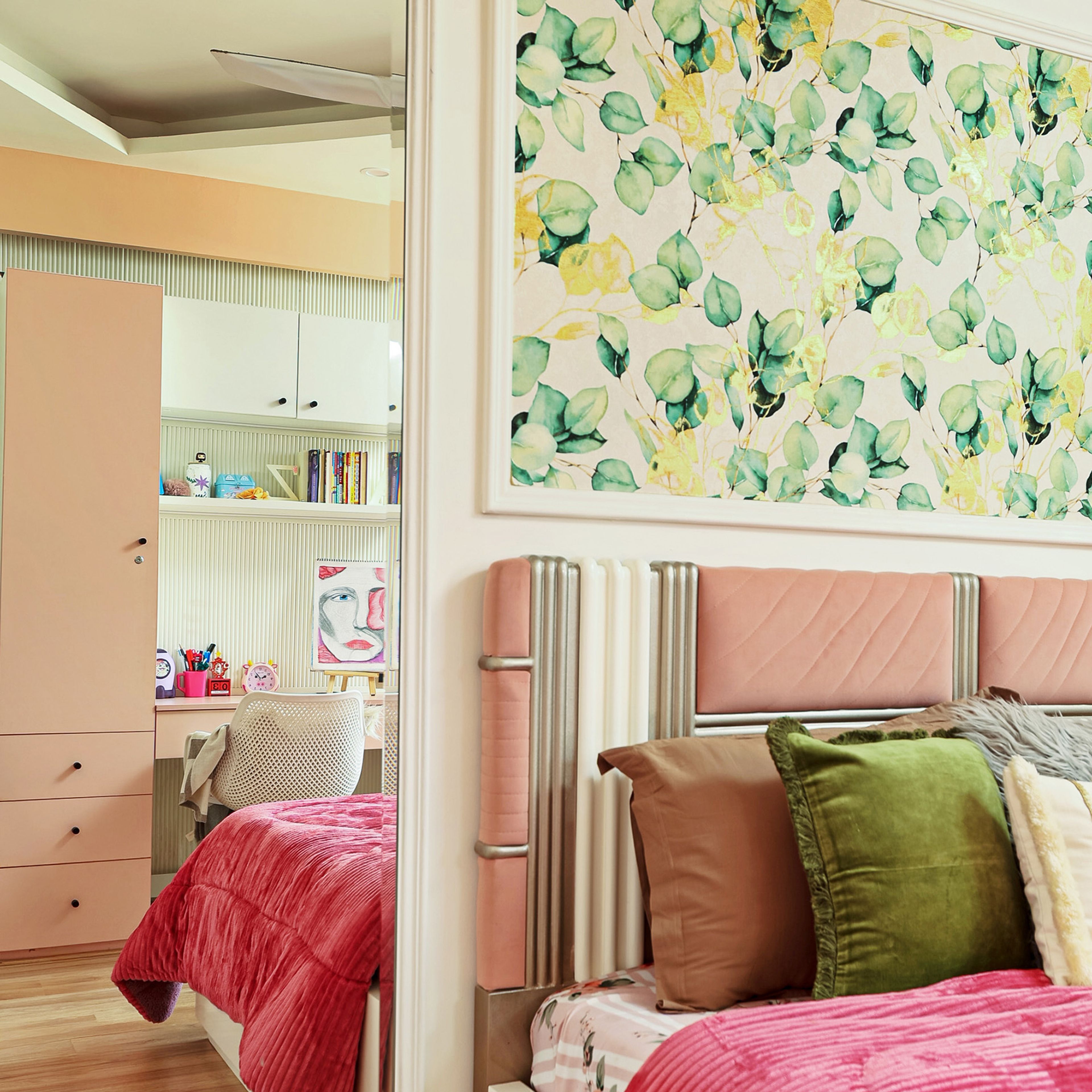 Bedroom Design with Cushioned Headbaord and Wall Mounted Mirror