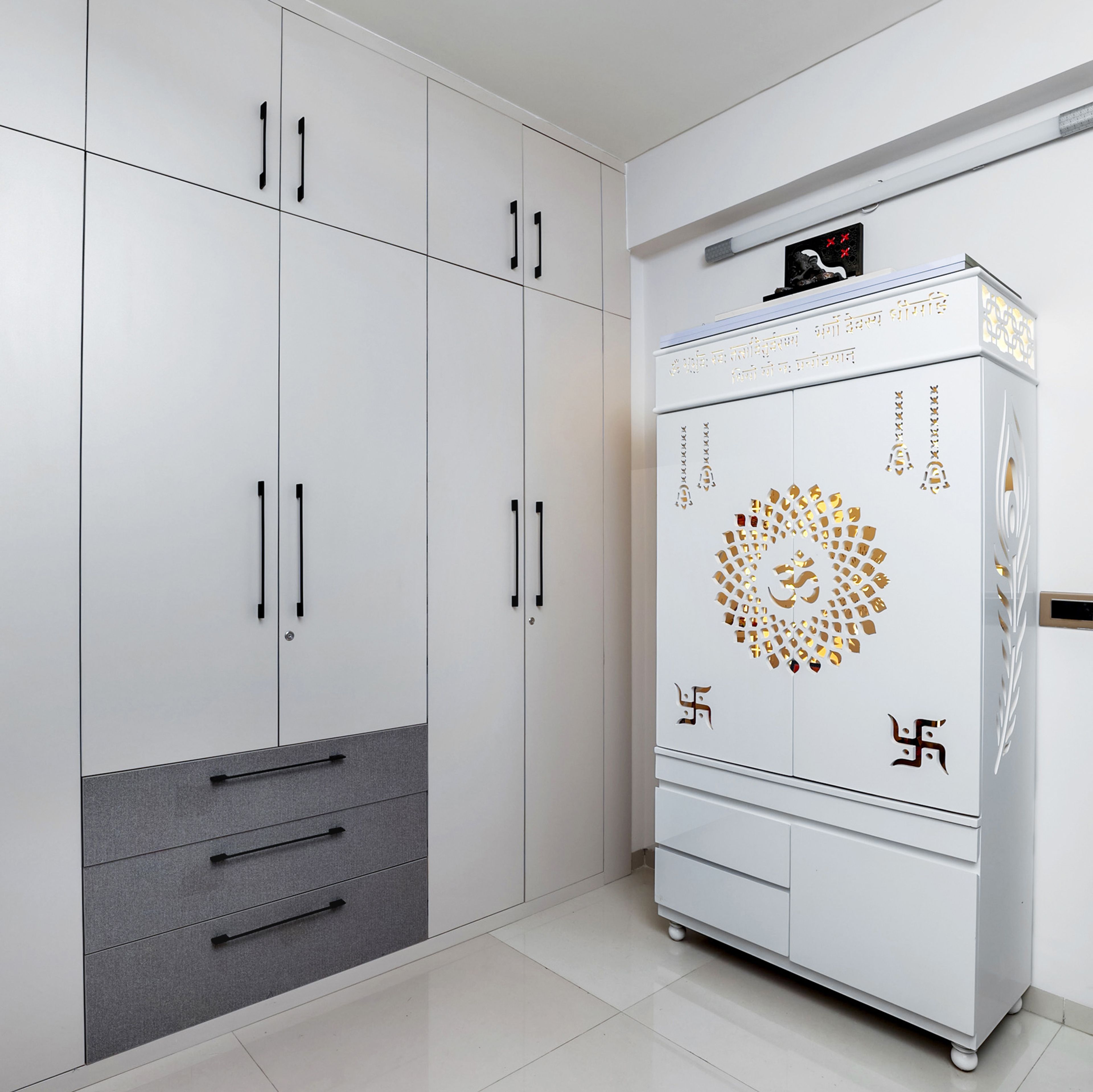 4-Door White Swing Wardrobe with Drawers and White CNC Cut Pooja Unit