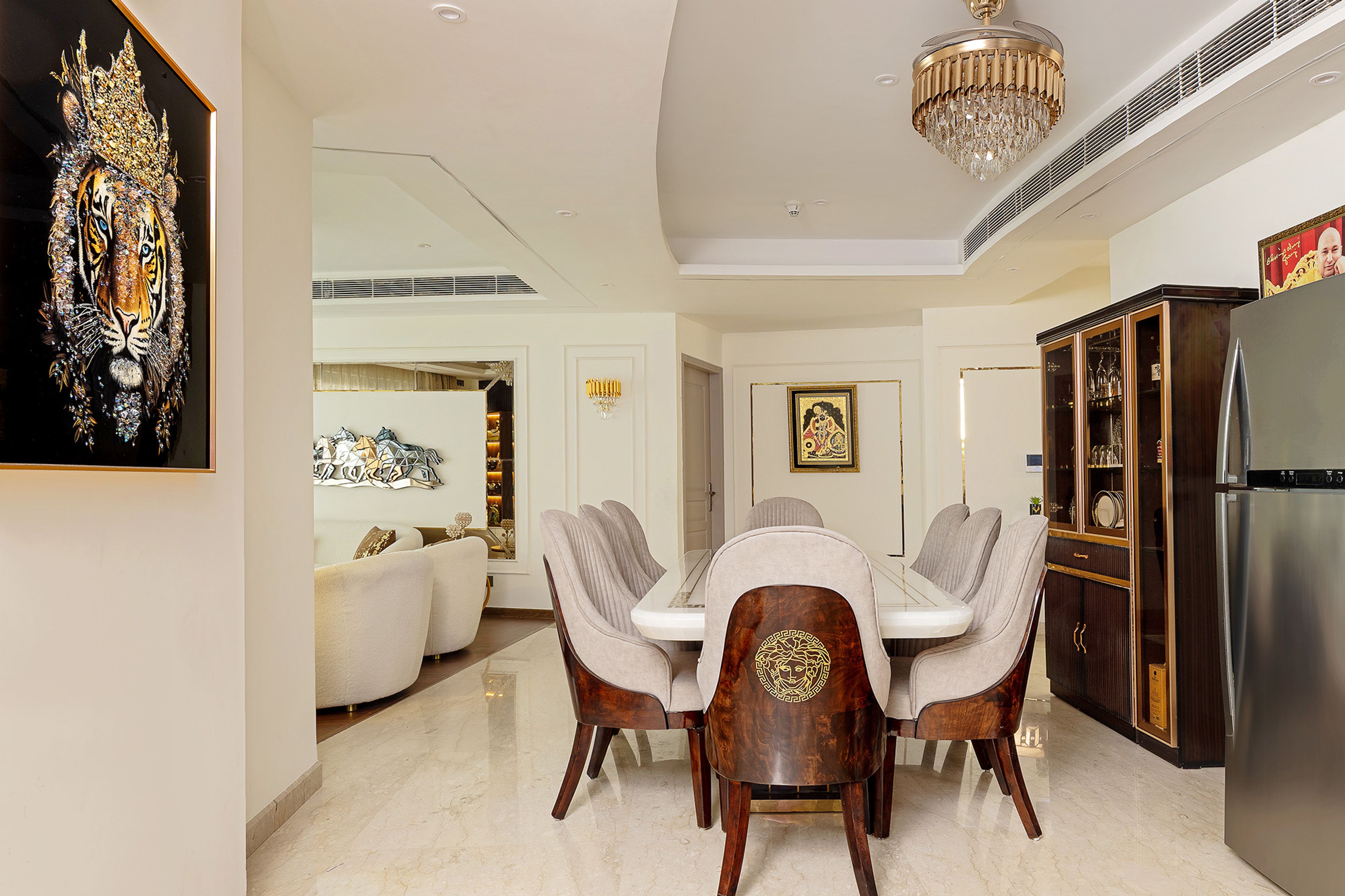 Dining Room Design with 6 Chairs, Marble Top Table and Wooden Crockery Unit