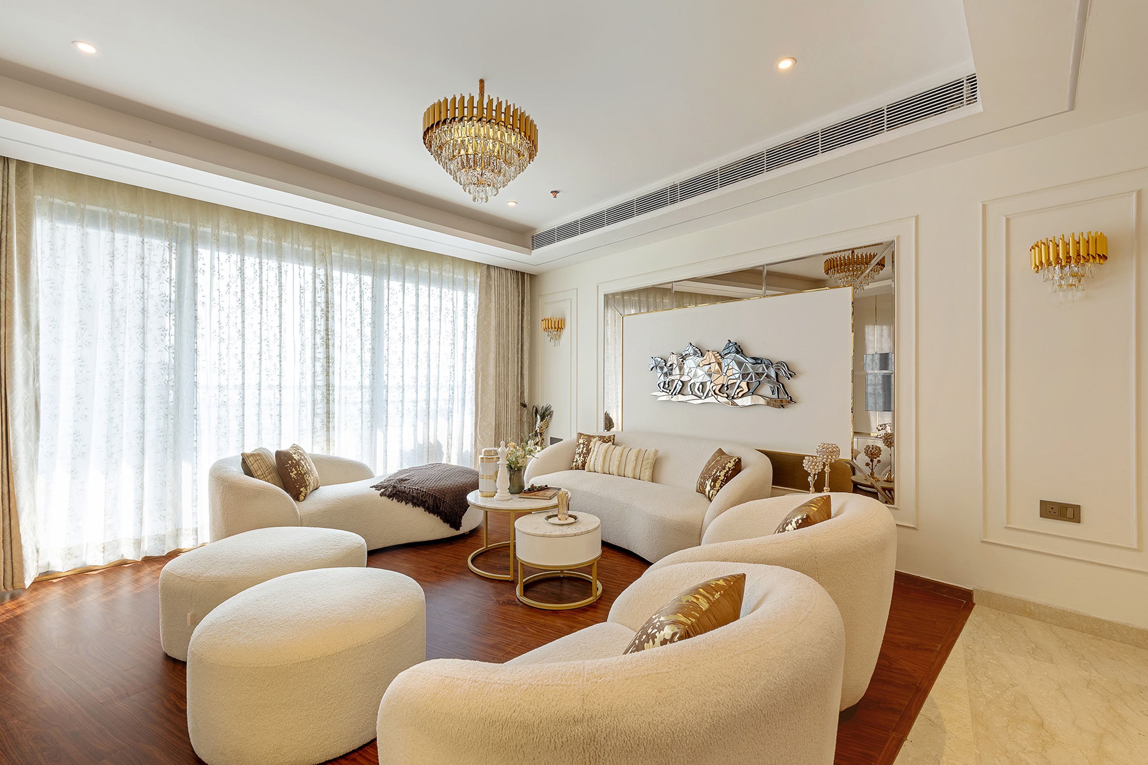 Living Room Design with White Sofas, 2 Ottomans and Metal Horse Artwork