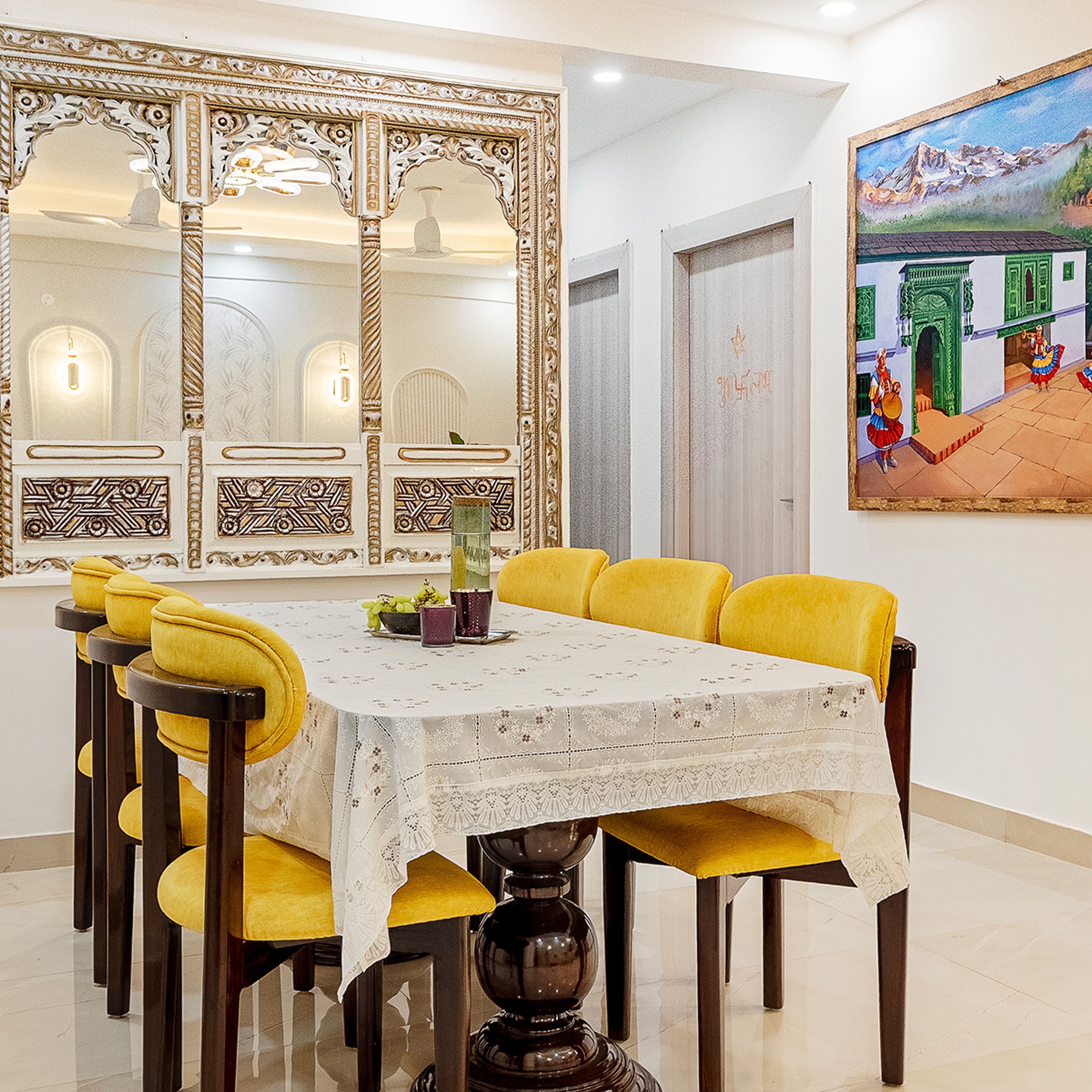 Dining Room Design with 6-Yellow Chairs and Traditional Window Pattern Divider