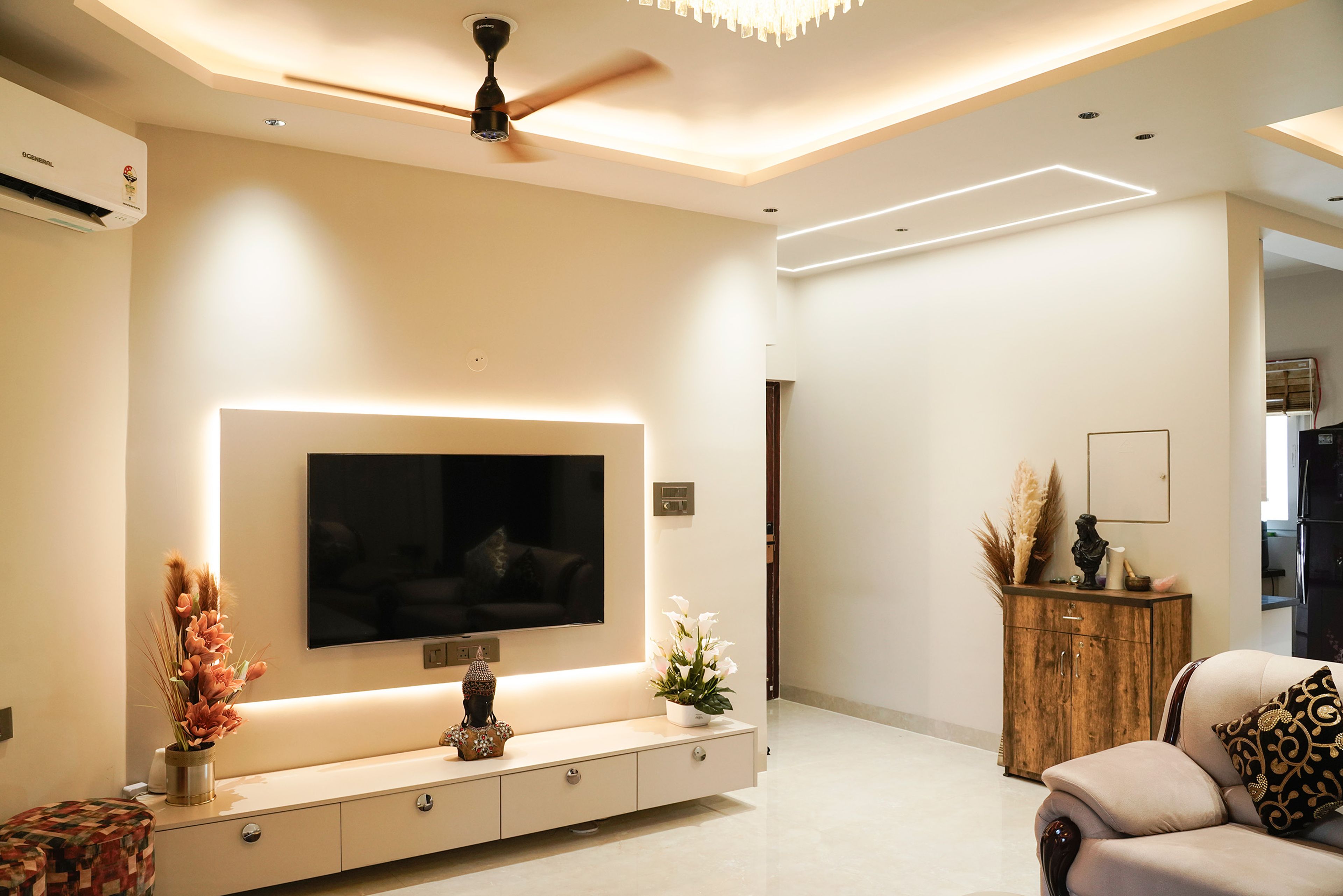 TV unit design with Beige Wall Mounted Drawers