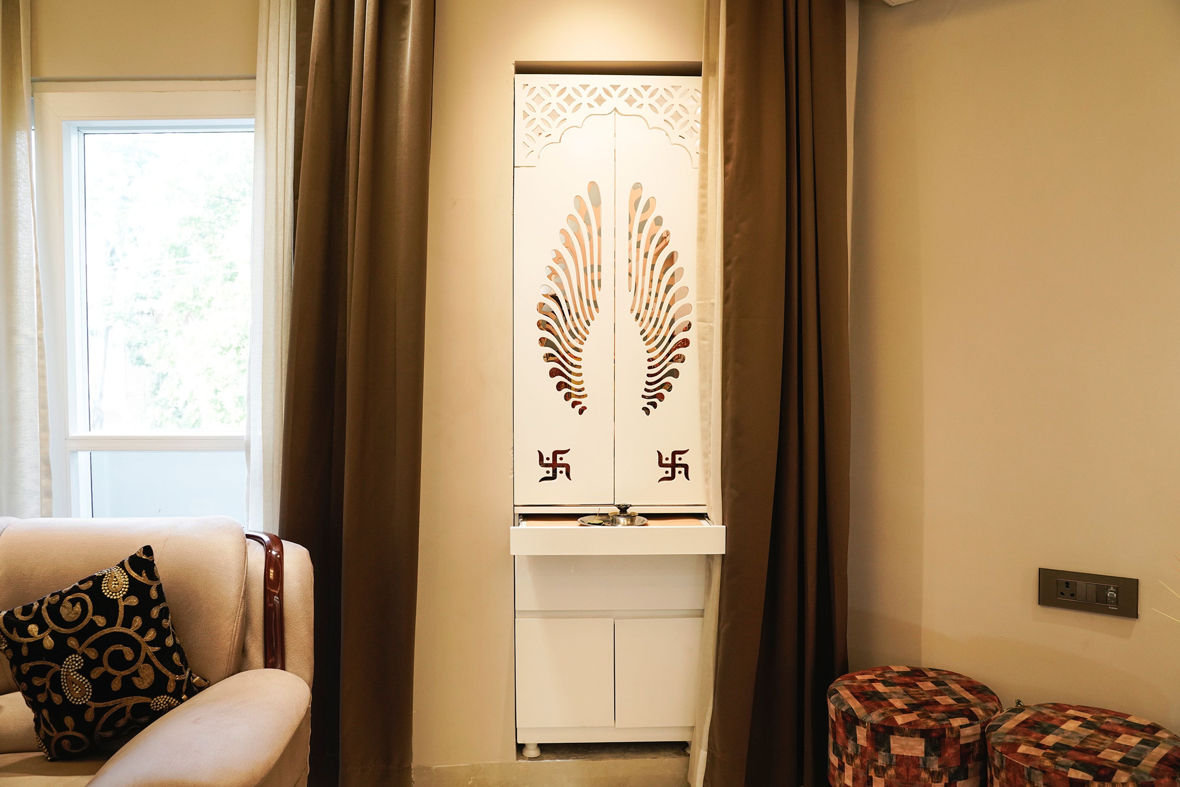 White CNC cut pooja unit design