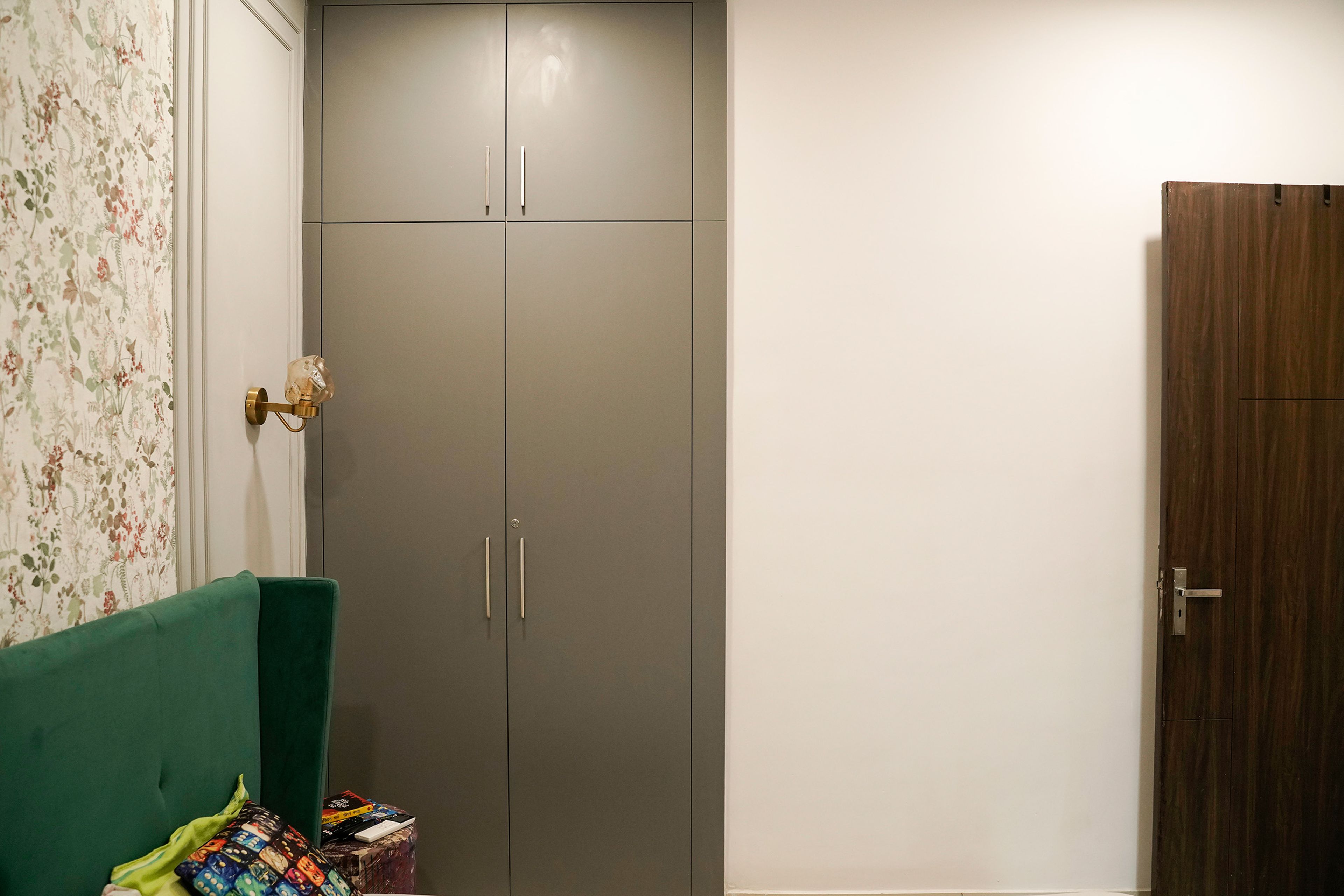 2-Door Greyish Brown Glossy Swing Wardrobe Design with Loft Unit