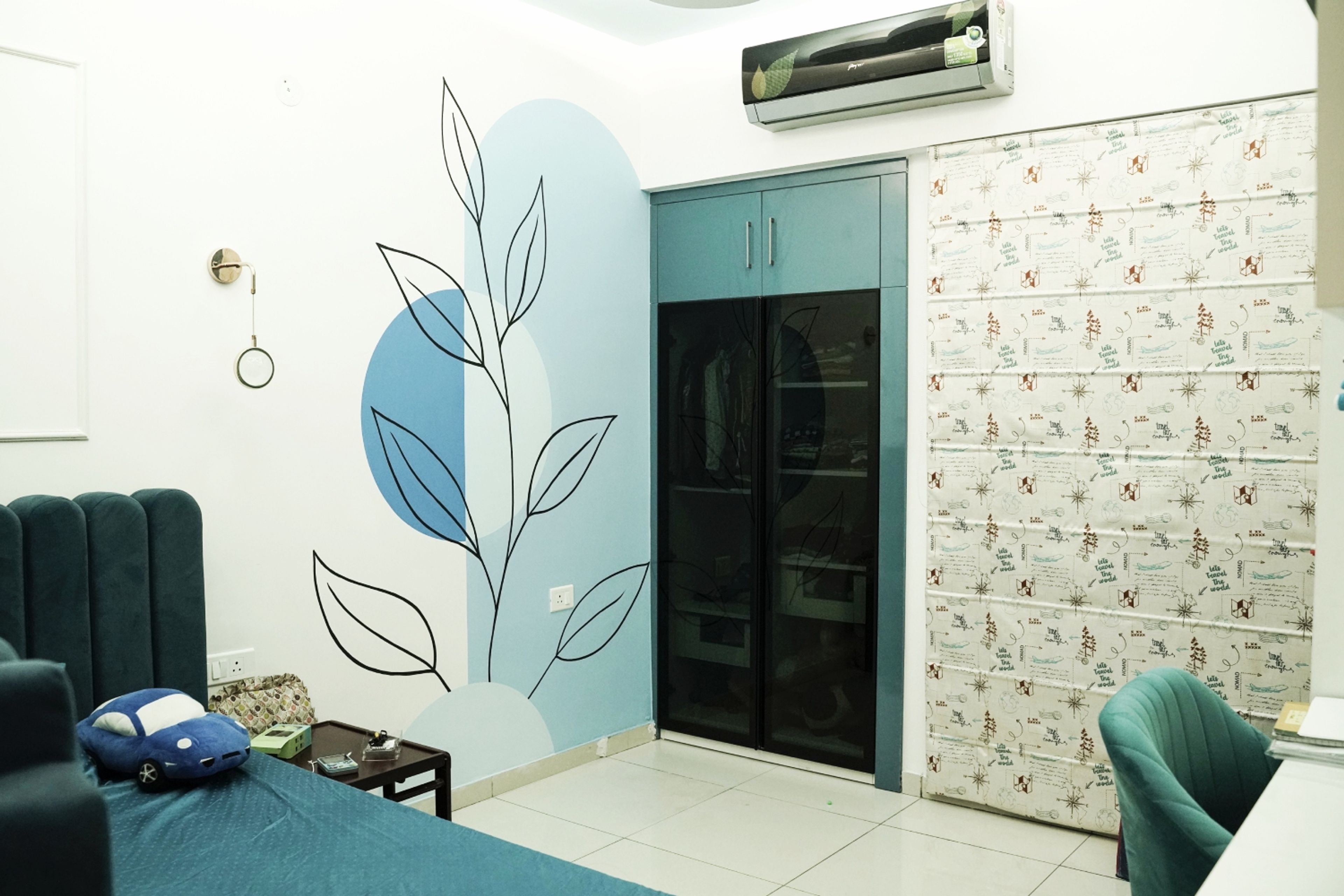 Kids Bedroom Design with Floral Artwork Wallpaper and 2-Door Glass Shutter Swing Wardrobe