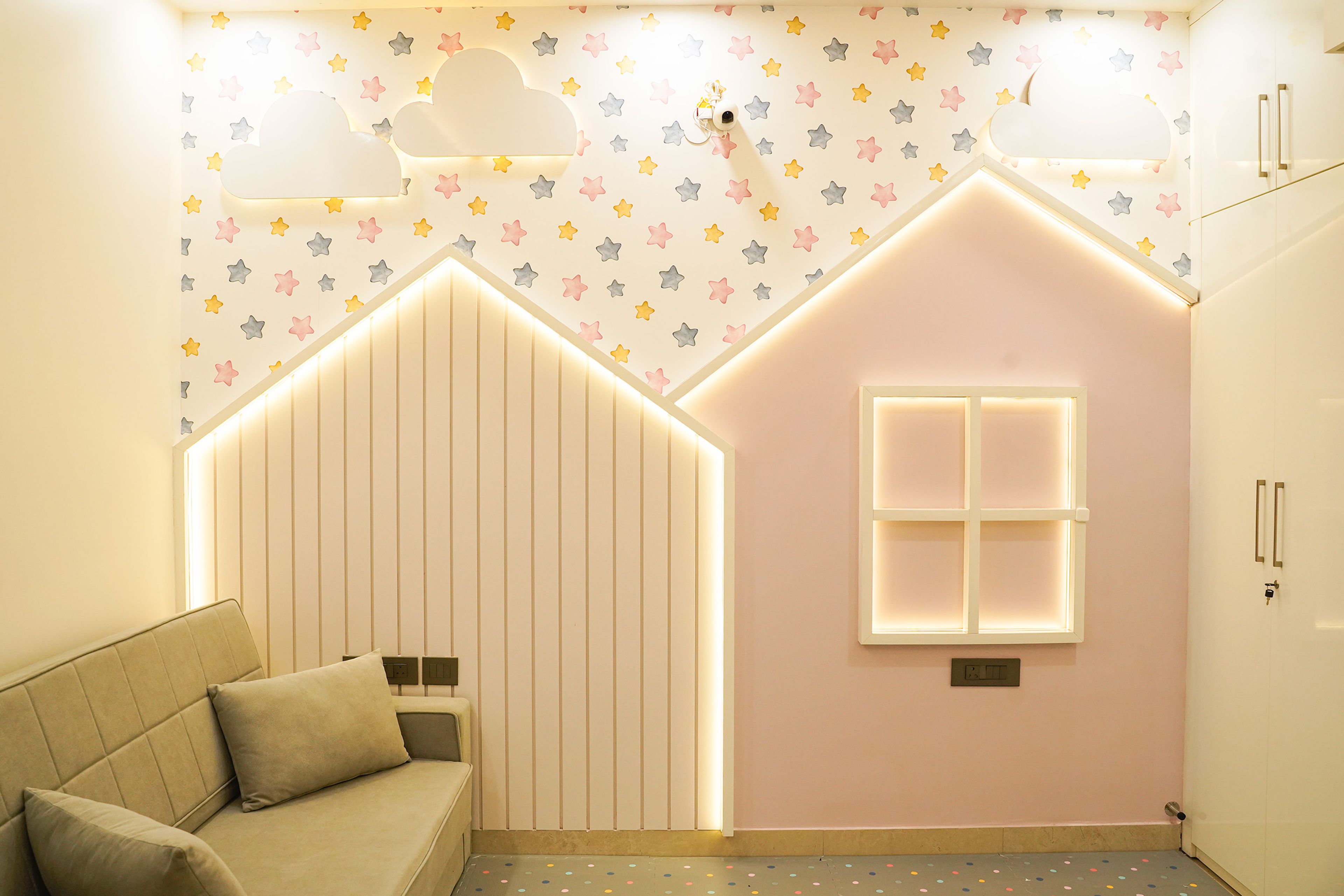 Kids Bedroom Wall Decor Design with House-Shaped LED Panels and Star Wallpaper