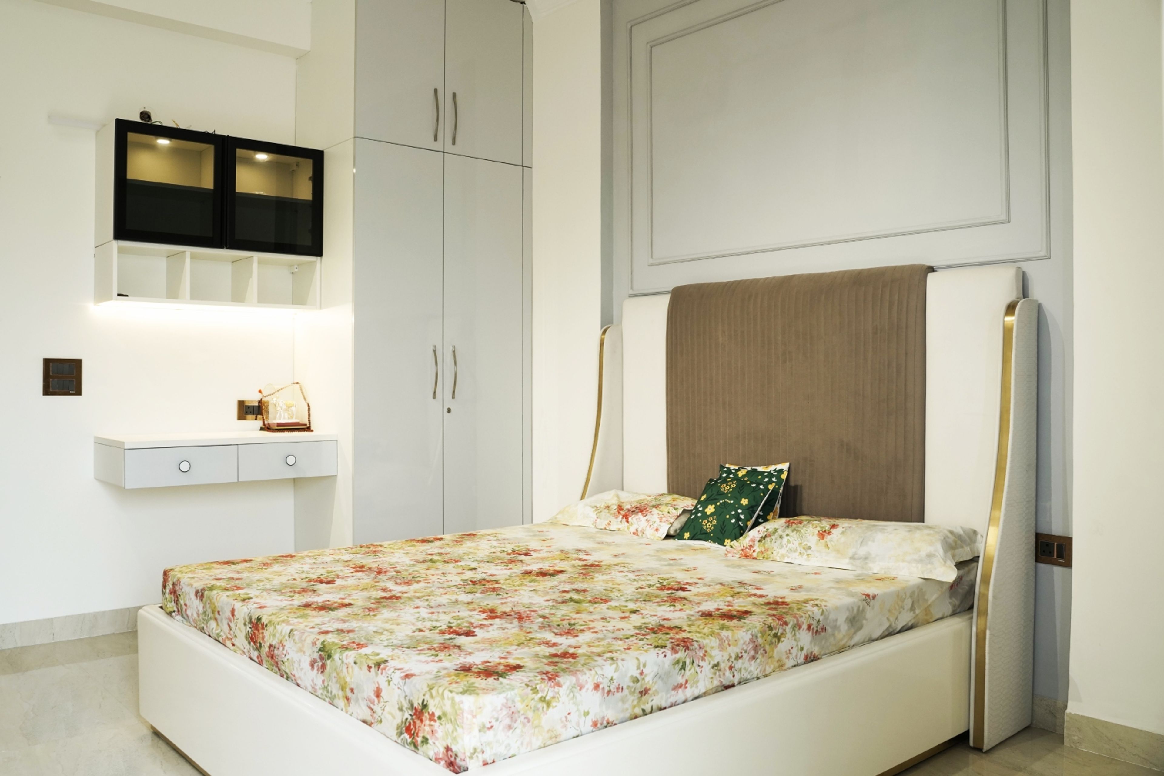 Bedroom design with 2-door grey swing wardrobe and study space