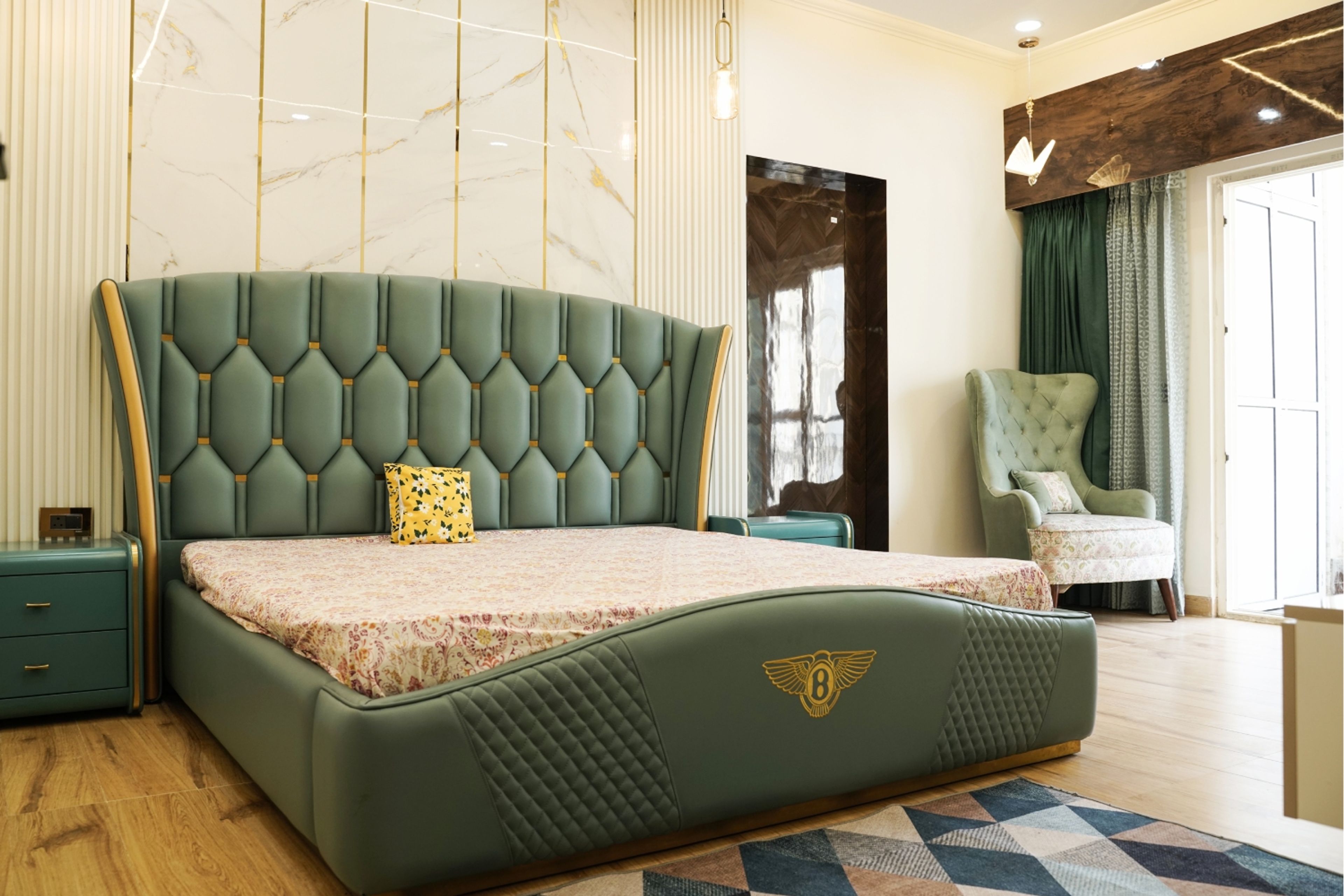 Bedroom design with green headboard bed