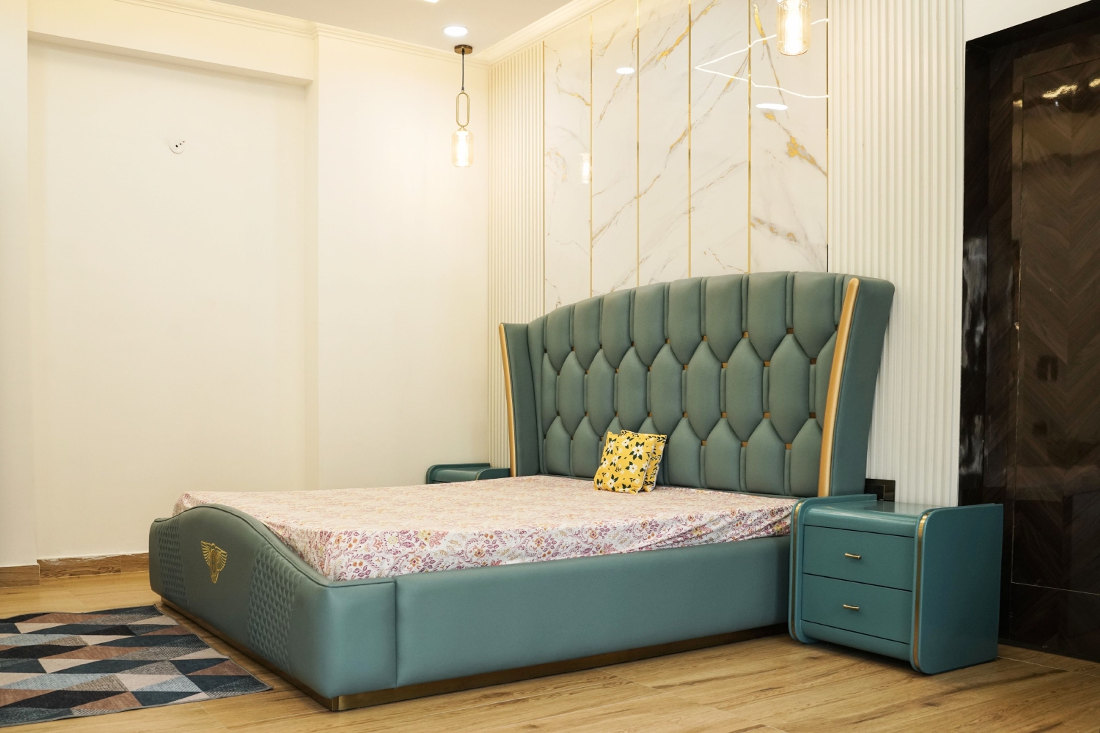 Bedroom design with green headboard bed