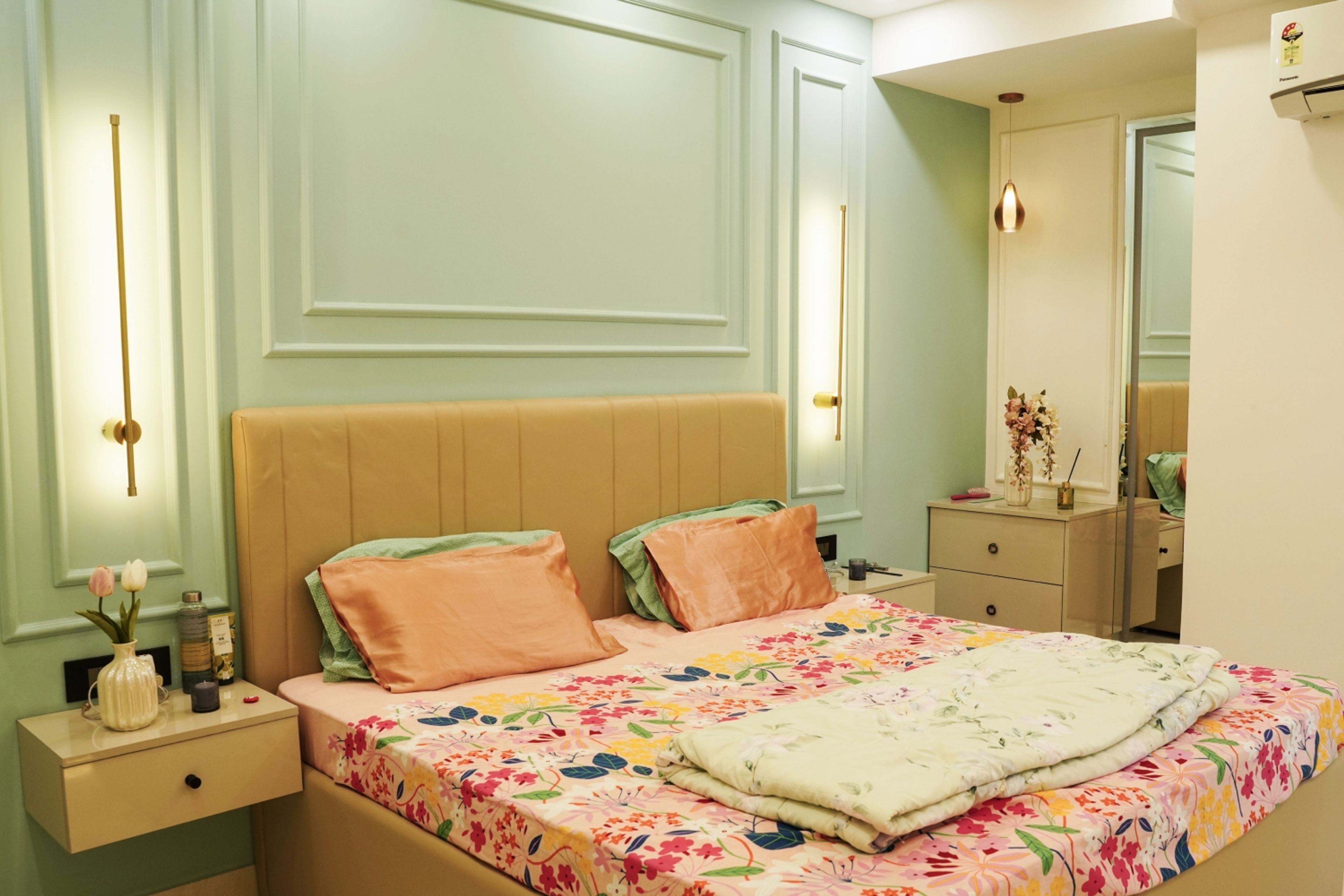 Master Bedroom Design with Mint Green Wall Trims, Beige Upholstered Bed and Floral Bedsheet
