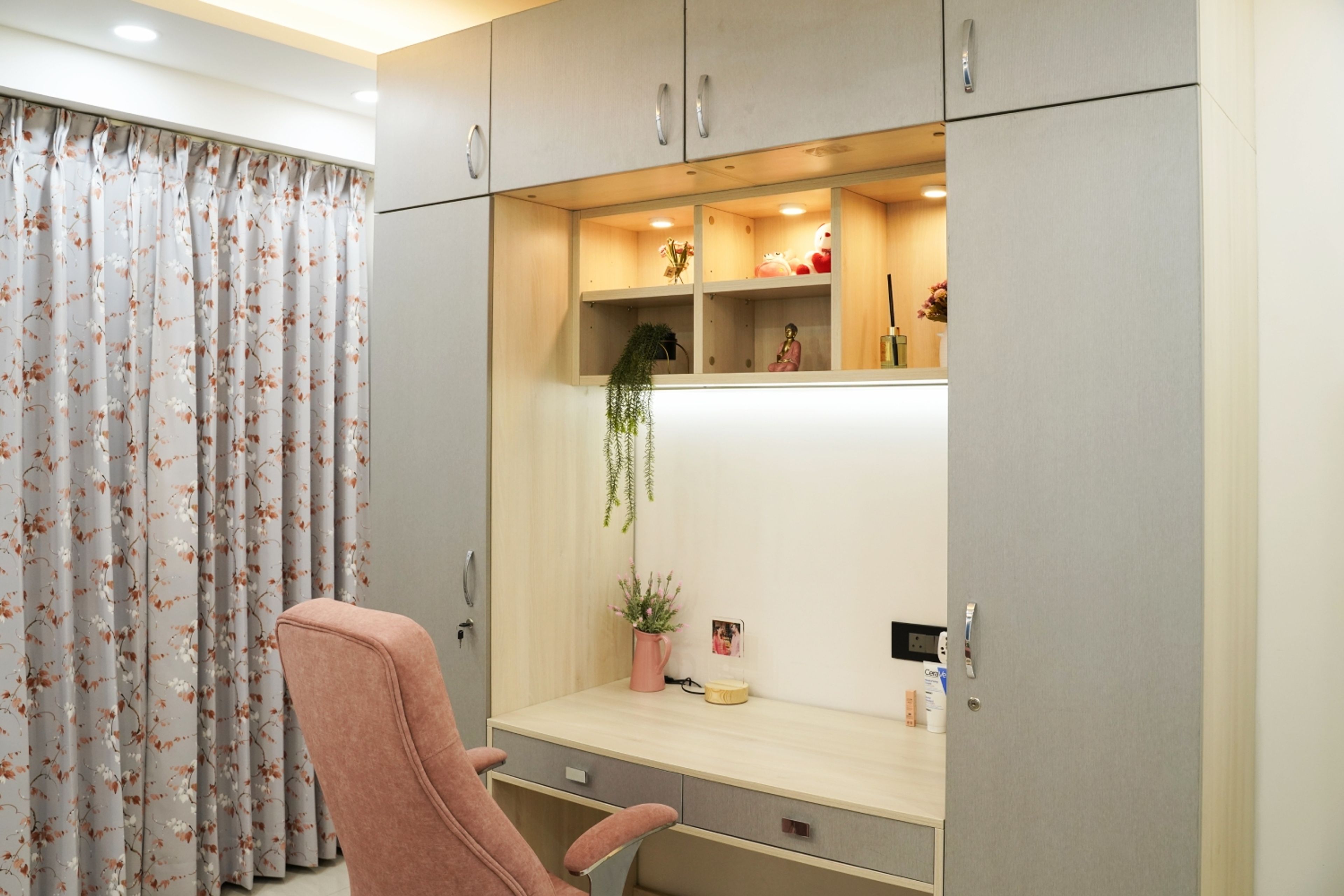 Home Office Design with Grey Wardrobe, Light Wood Study Table, and Open Storage Shelves
