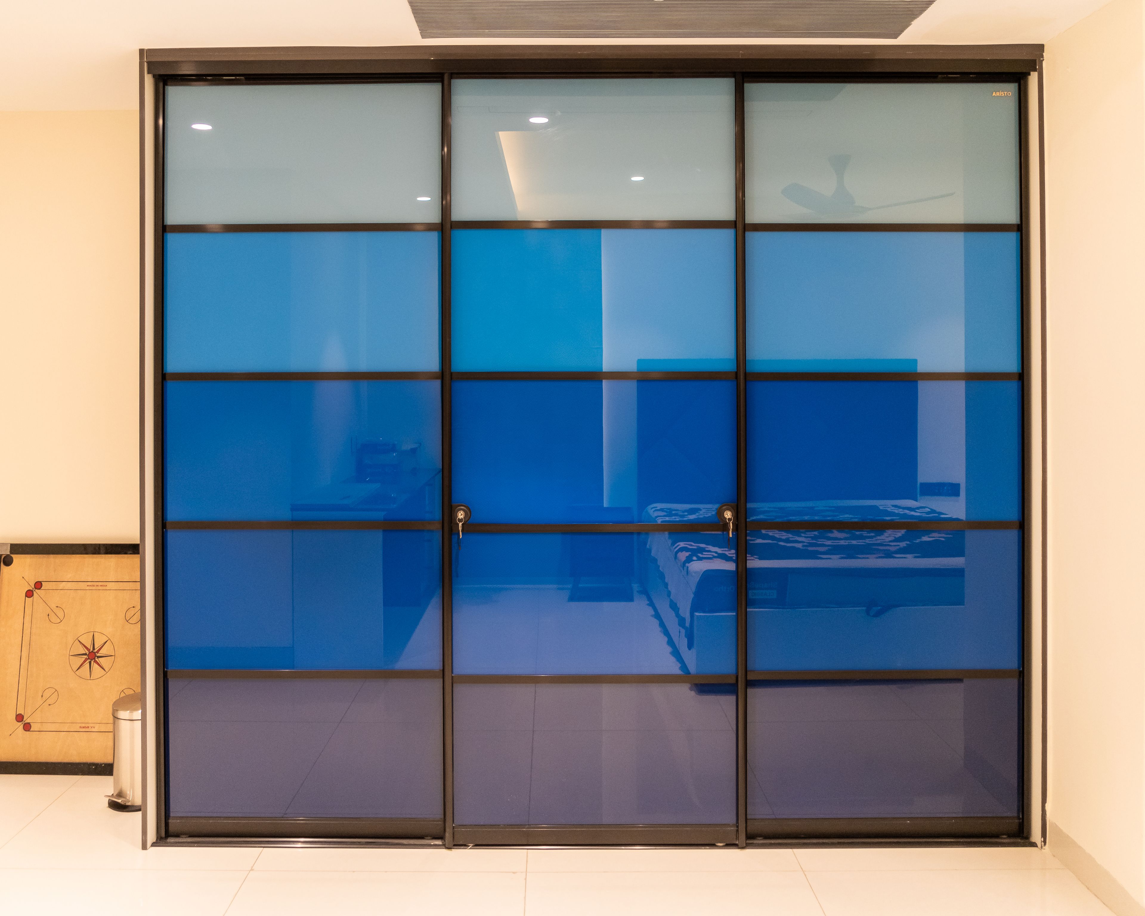 3-Door Shaded of Blue Sliding Wardrobe Design with Black Frame