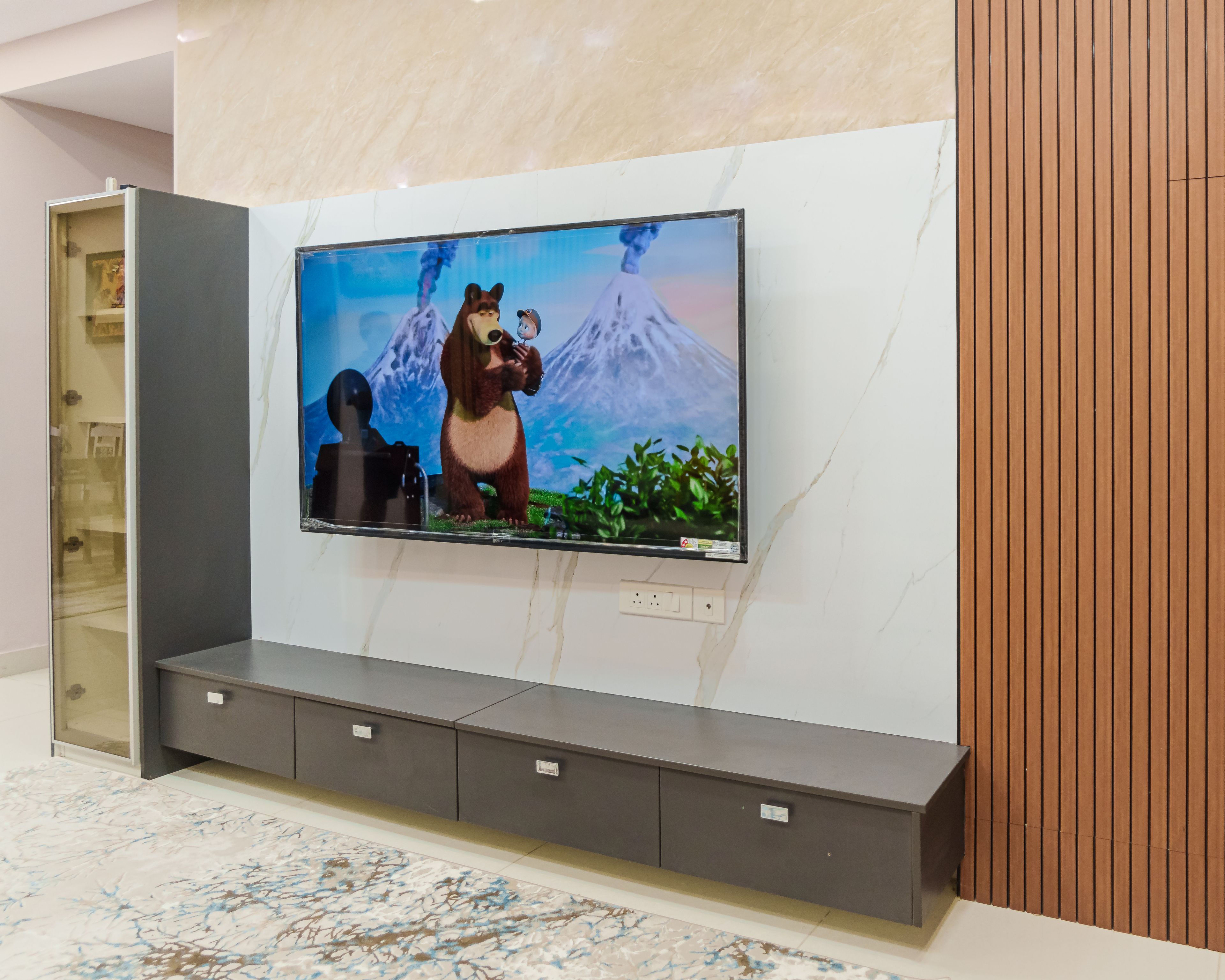 TV Unit Design with Marble Wall Panel and Wooden Slatted Side Panel