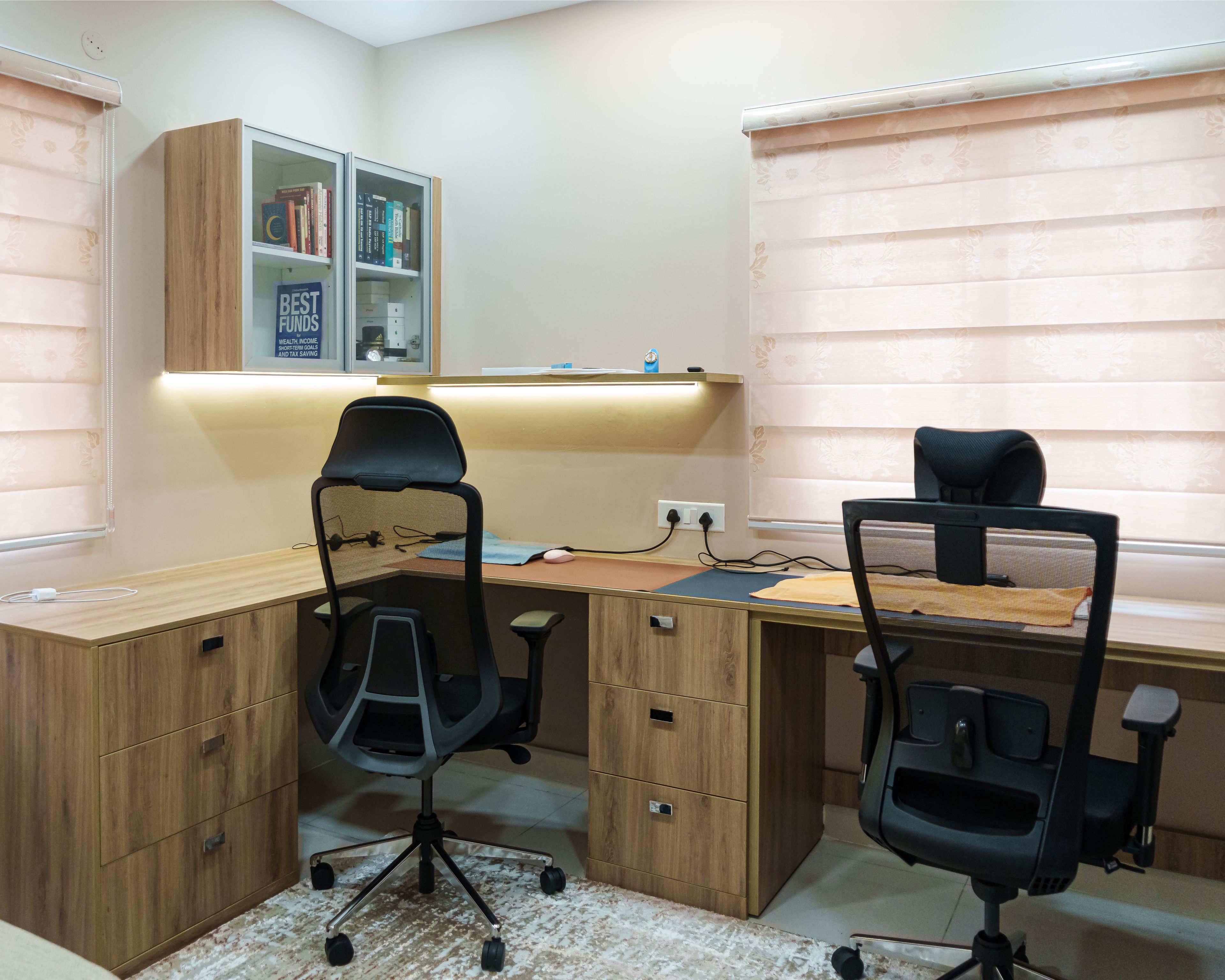 Home Office Design with Wooden L-Shaped Desk and Dual Chairs