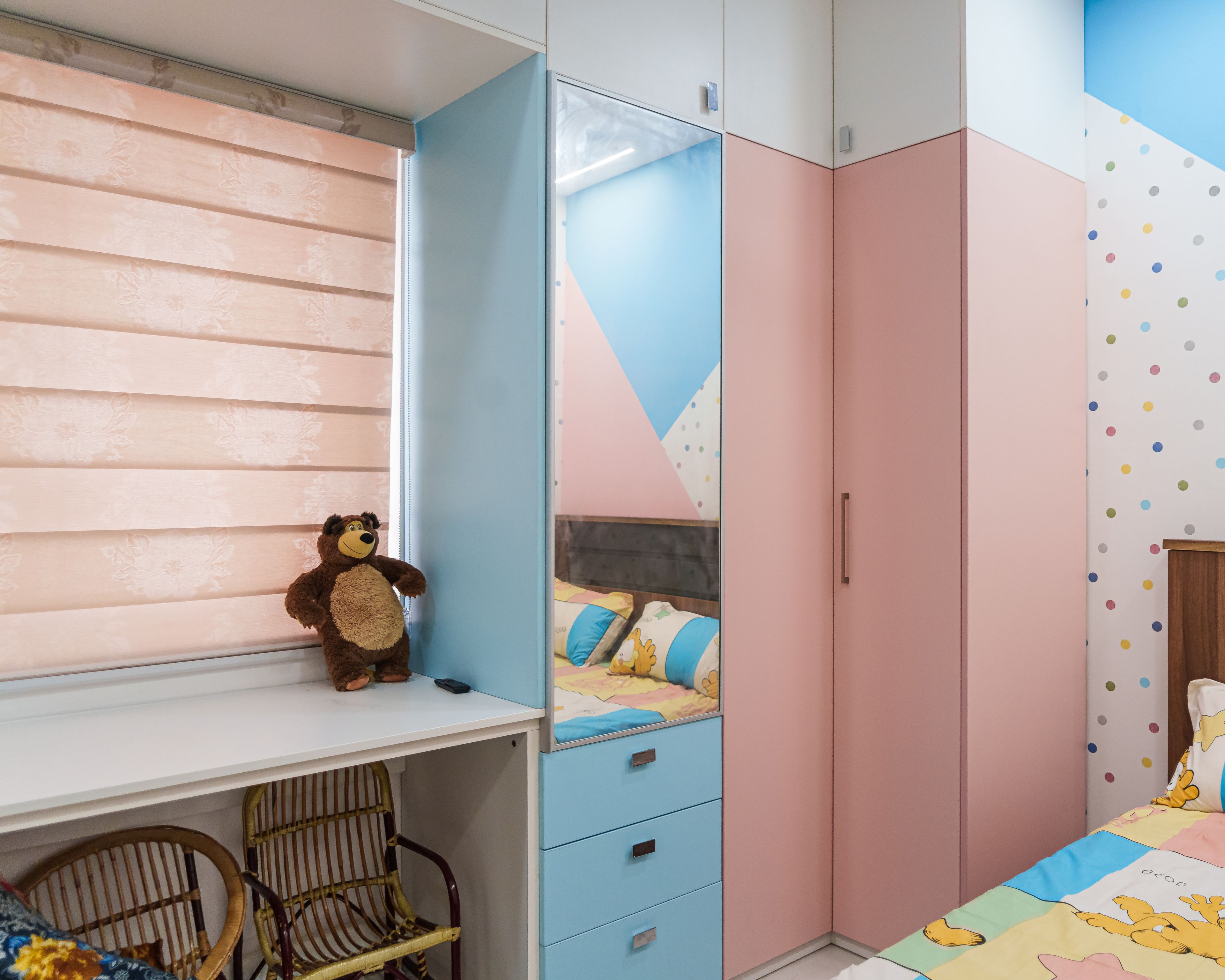Kids Bedroom Wardrobe Design with Pink and Blue Cabinets and Study Desk