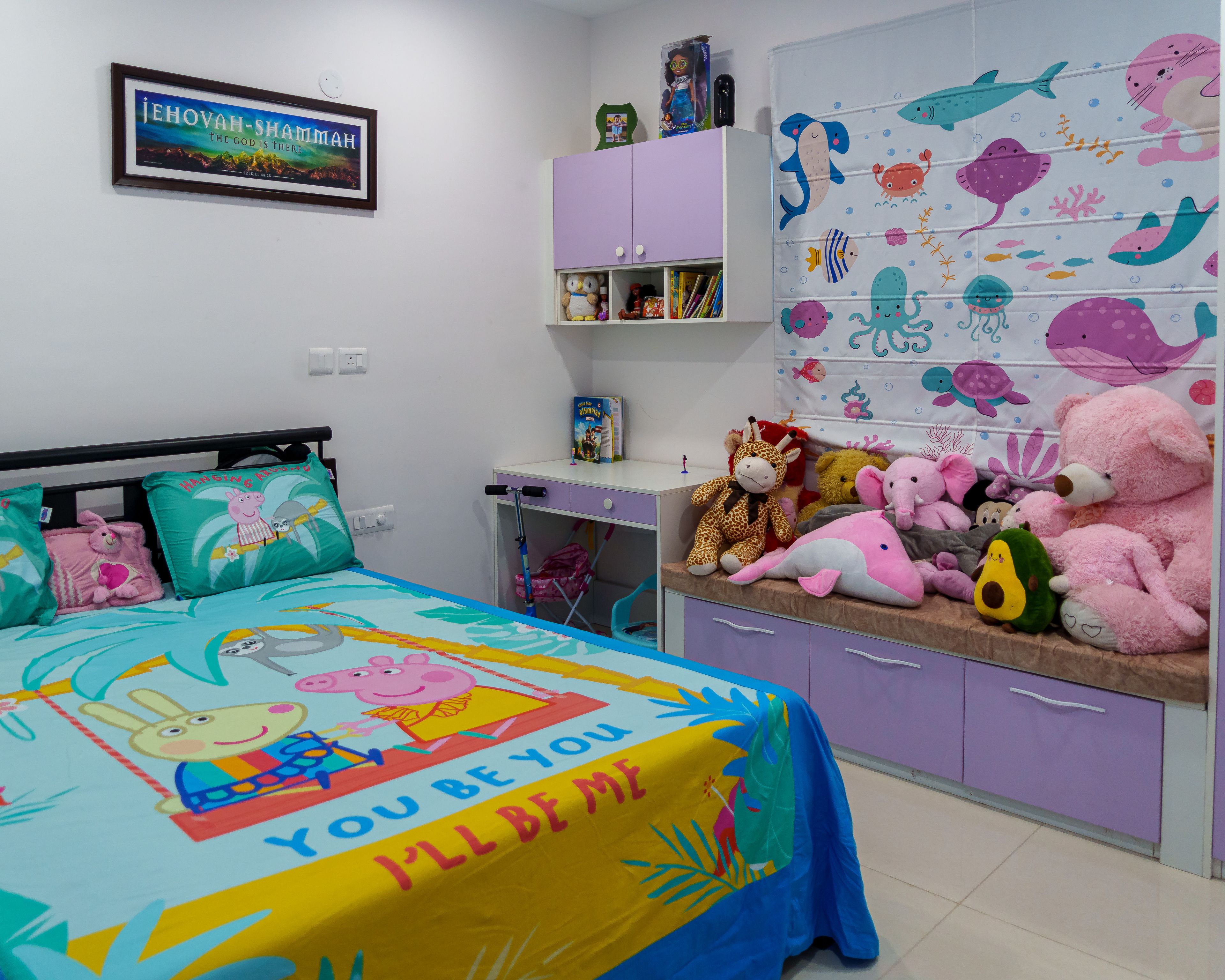 Kids Bedroom Design with Cartoon-Themed Bed, Wall Storage, and Ocean Animal Printed Blinds