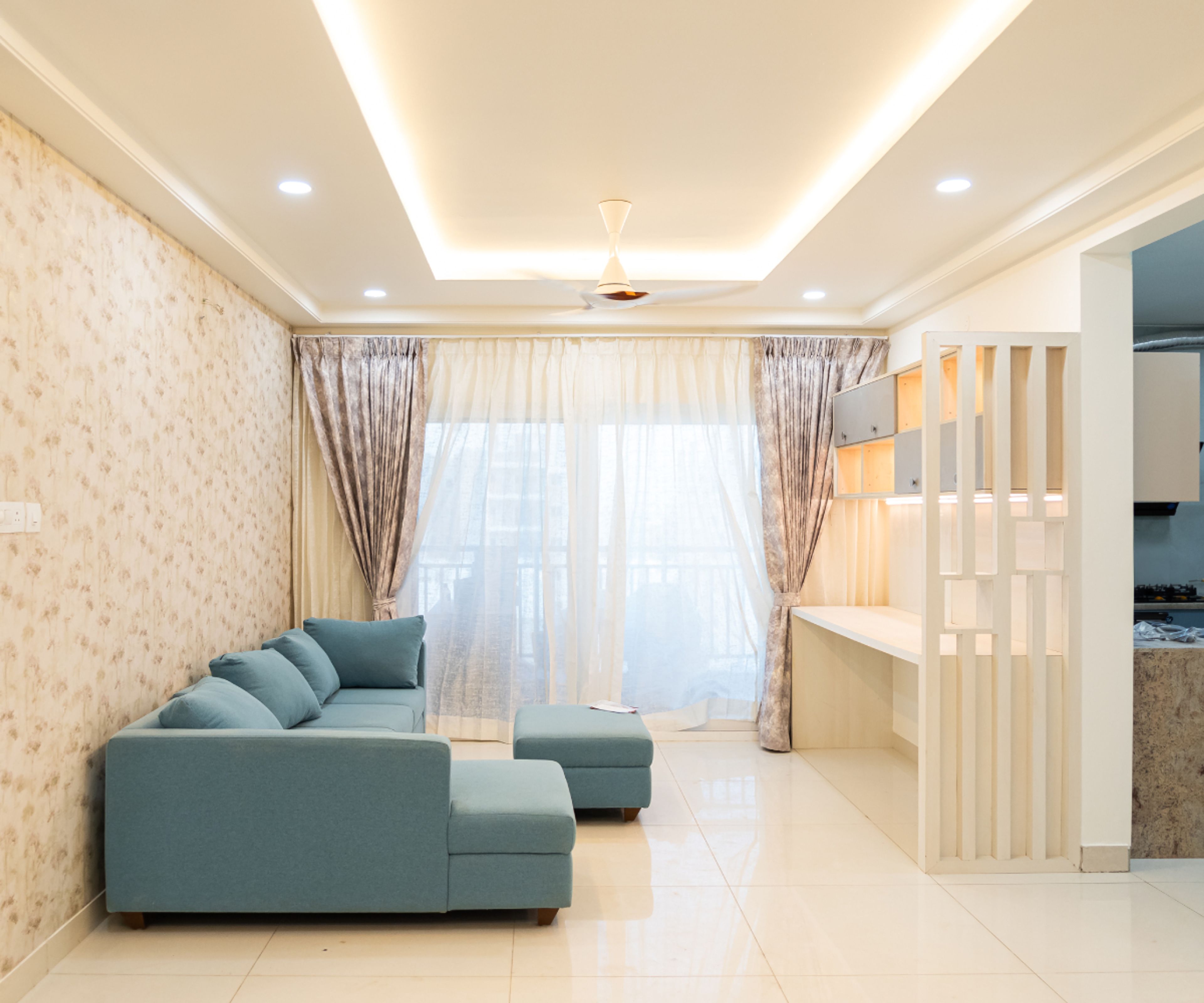 Living Room Design with Off-White TV Unit and Floral Wallpaper