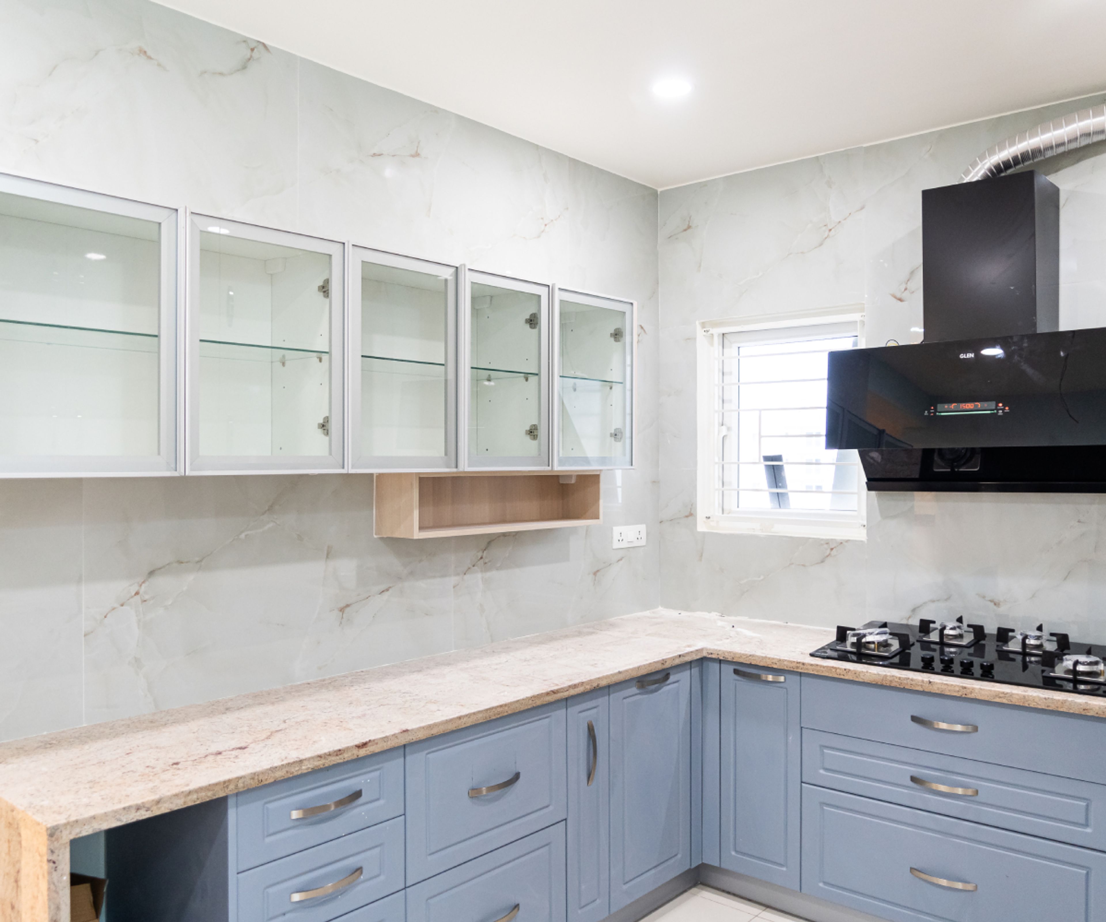 U-Shaped Kitchen Design with Glass Shutter Wall Cabinets