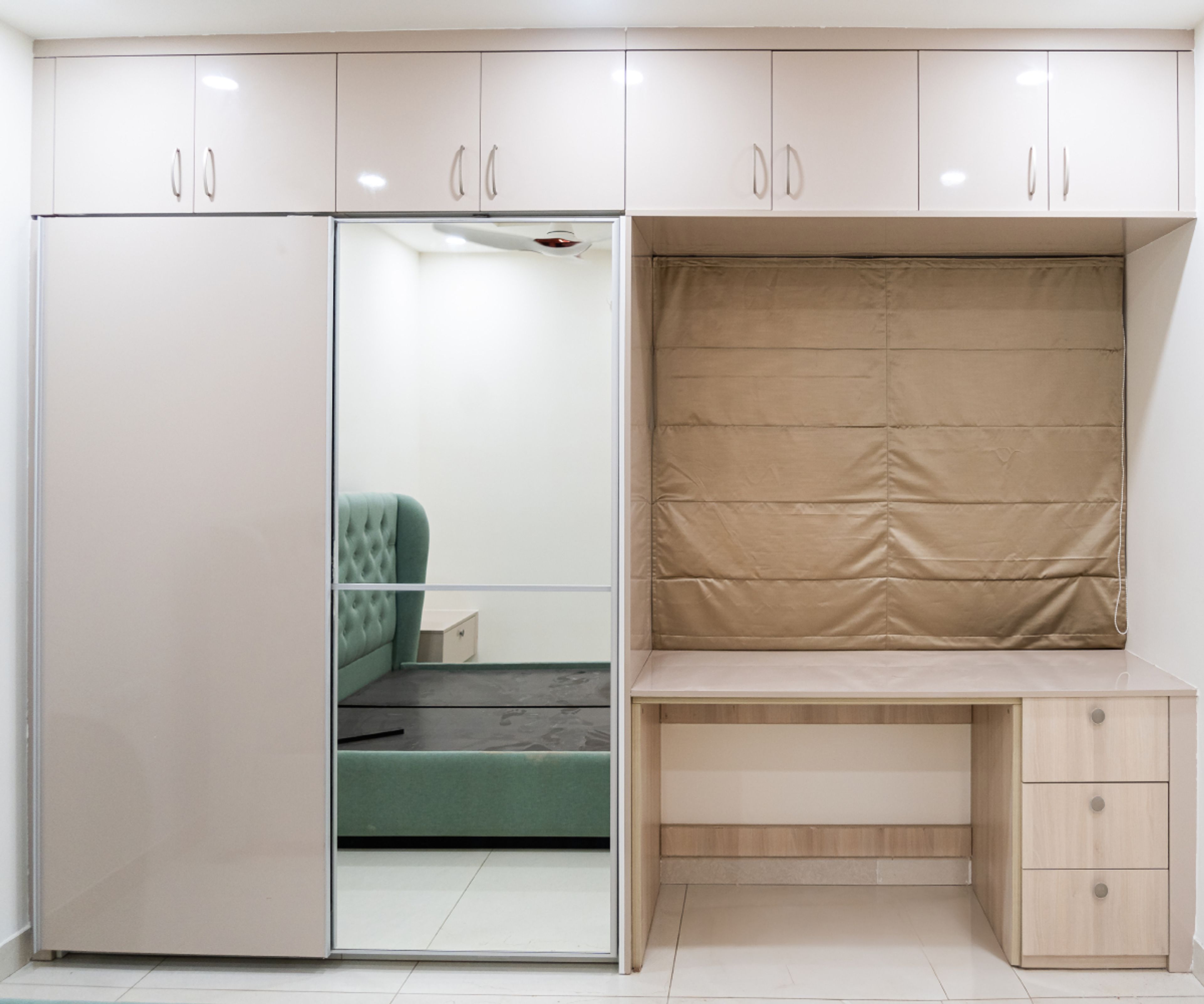 2-Door Sliding Wardrobe with Integrated Mirror and Attached Study Space