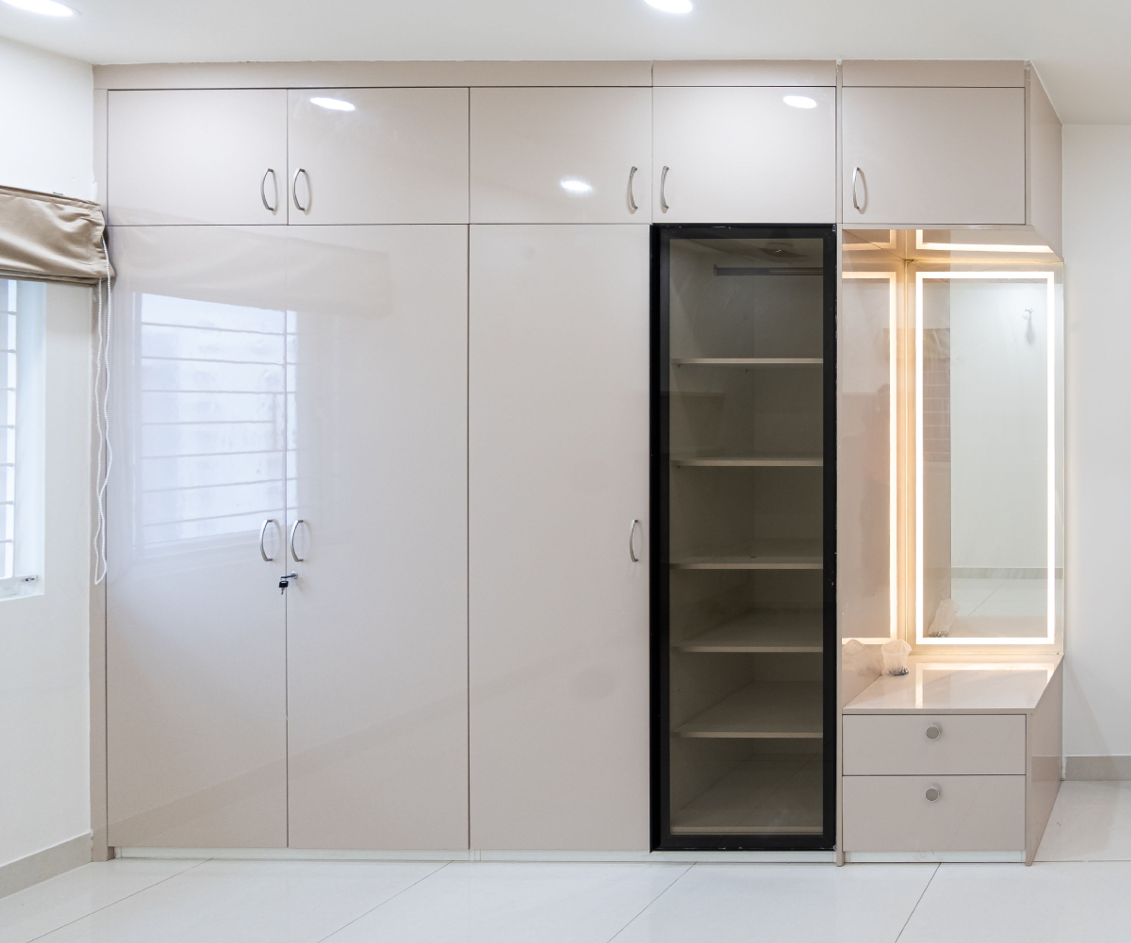 3-Door Swing Wardrobe Design with Tinted Glass Door Tall Unit and Dressing Unit