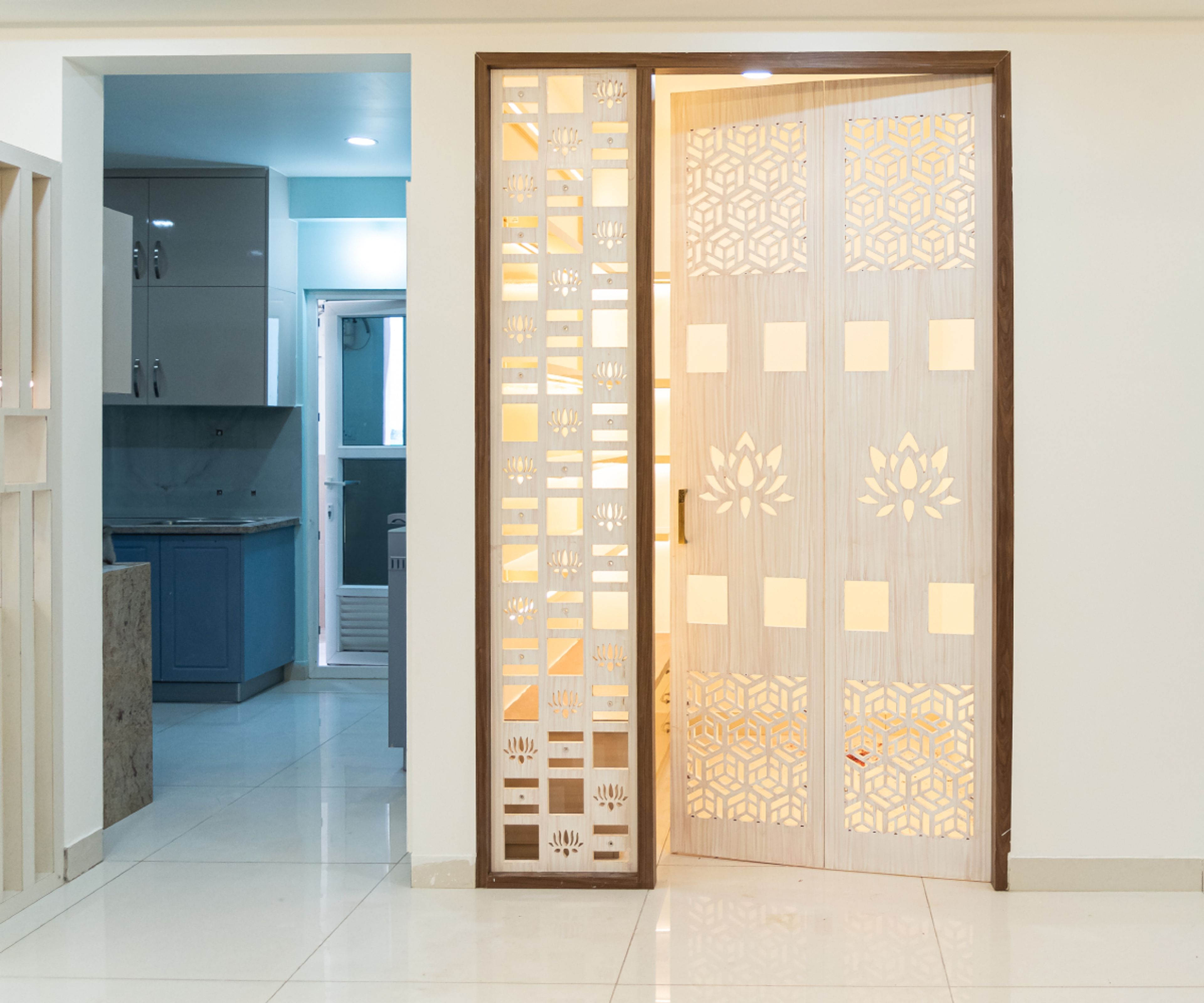 Pooja Room Design with CNC Cut Door Design with Lotus Pattern