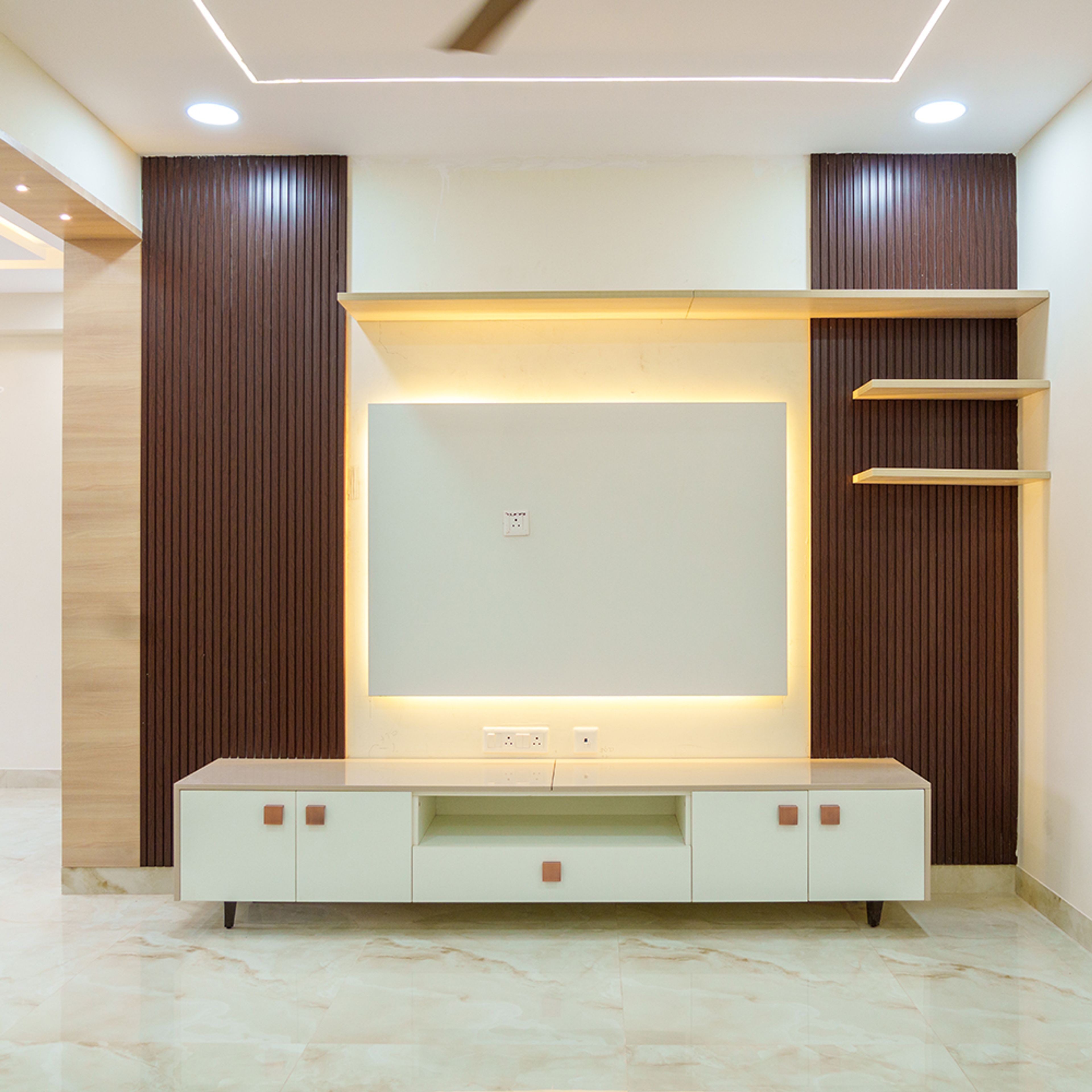 TV Unit Design with White Base Cabinet and Vertical Wooden Panels on Sides