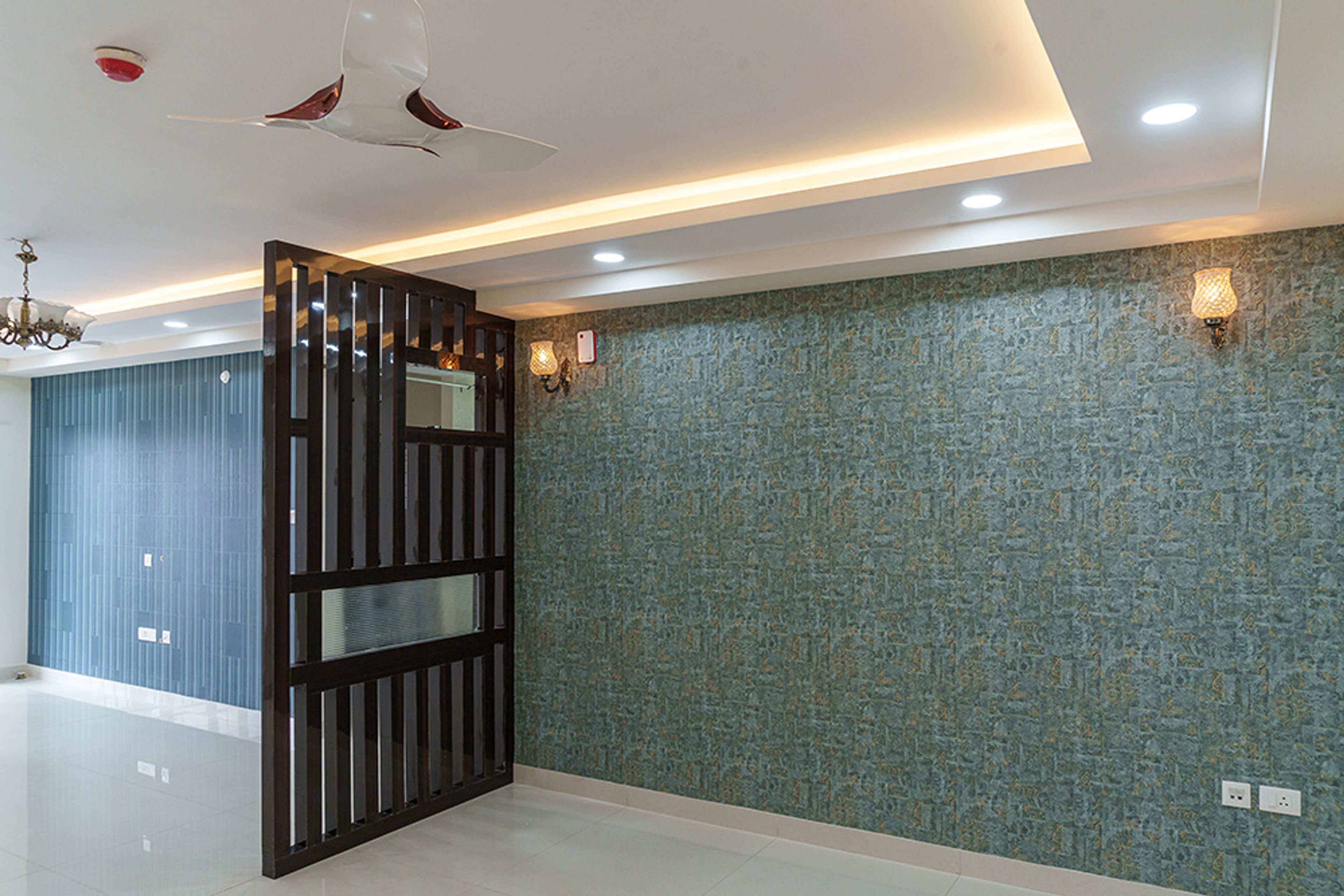 Living Room Design with Patterned Green Wallpaper