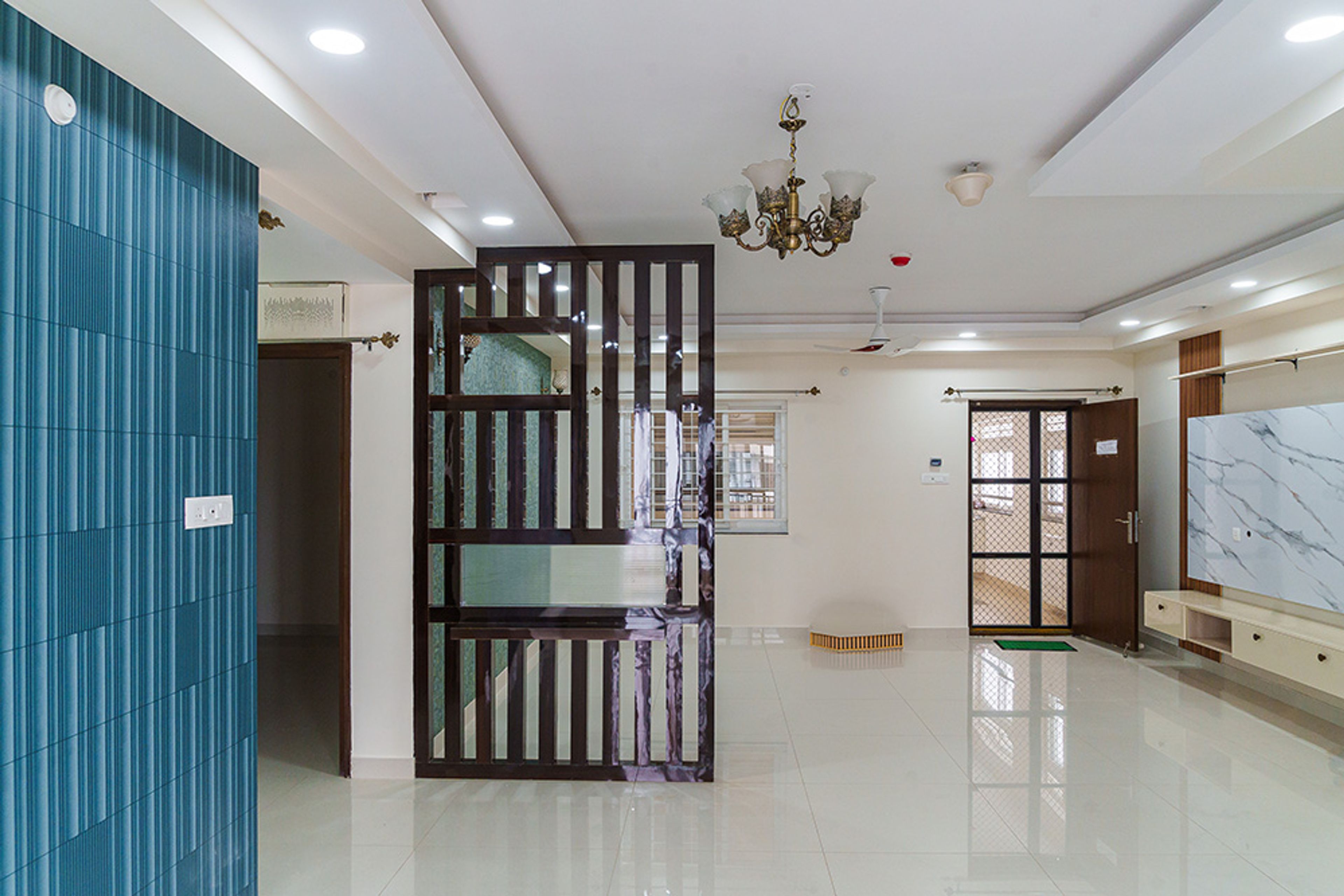 Living Room Design with Wooden Open Shelving Storage Unit