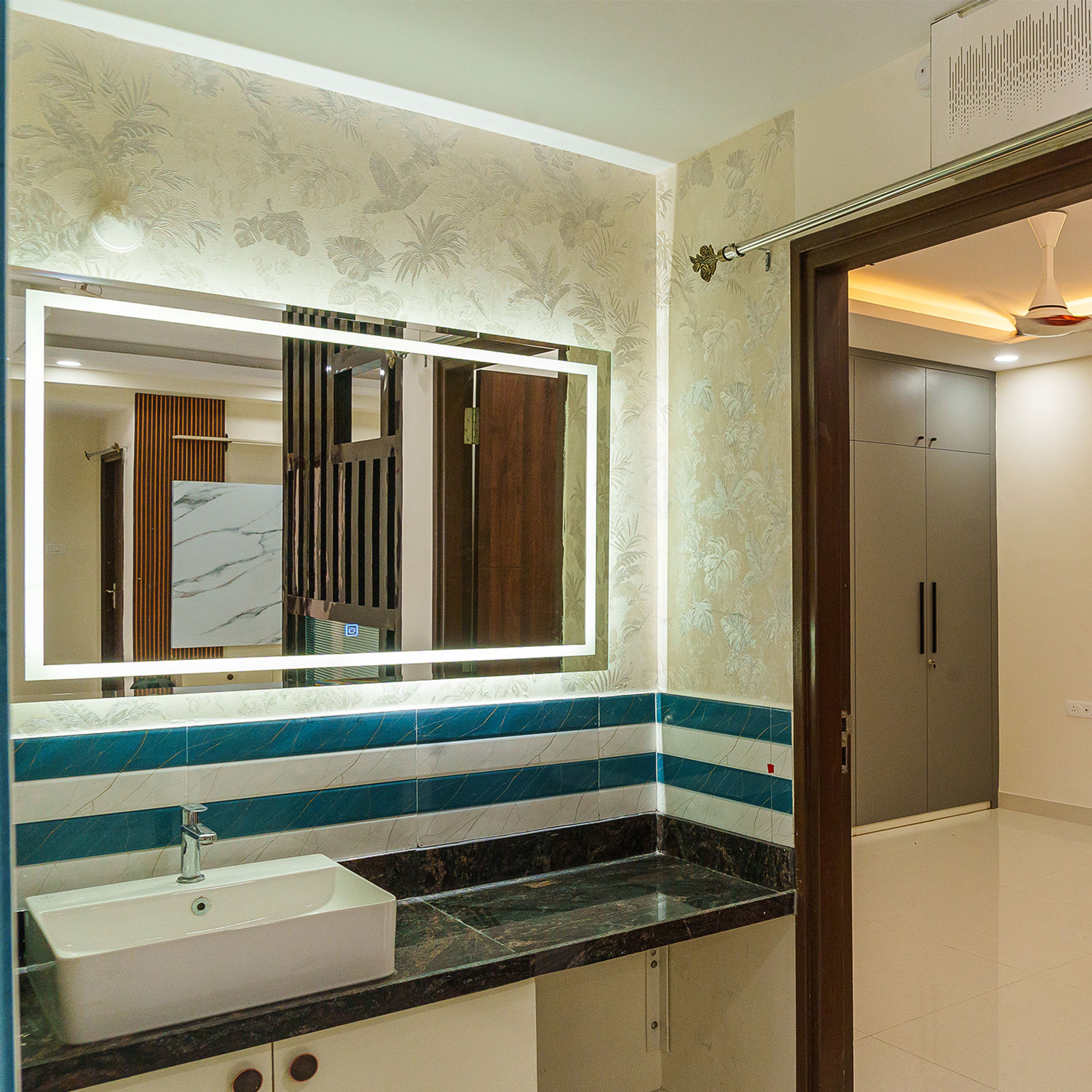 Bathroom Design with Rectangular Mirror and Cove Lighting