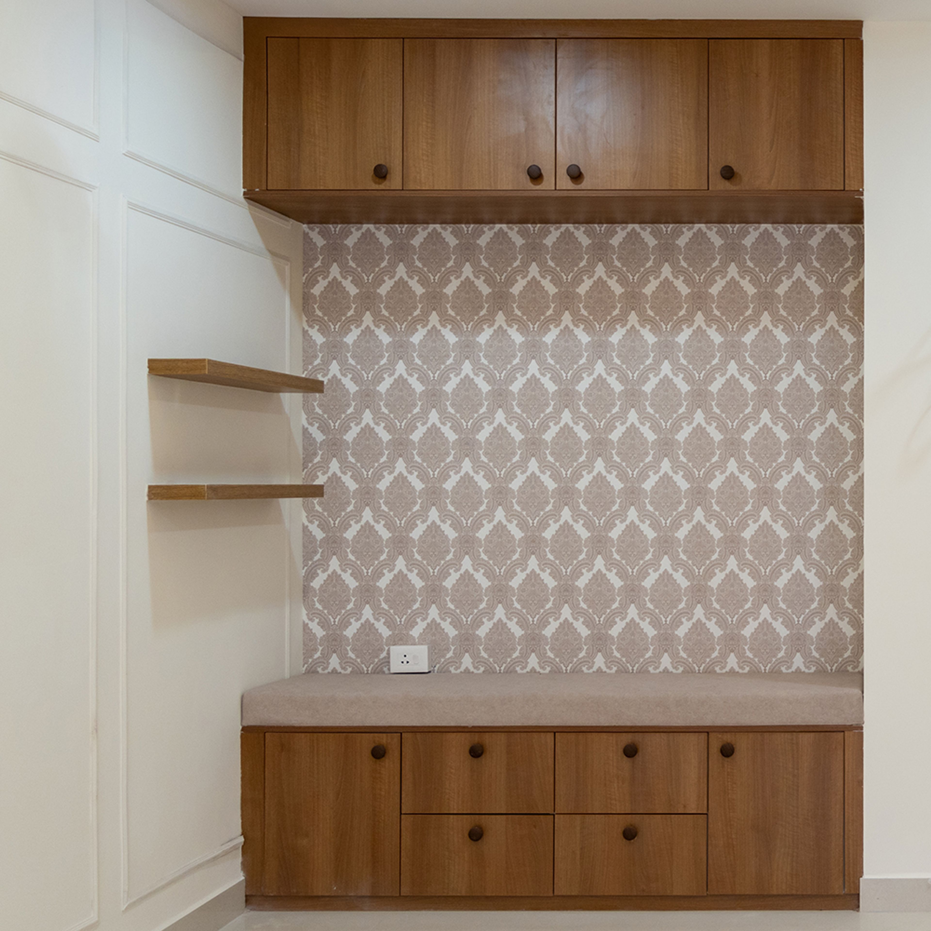 Ethnic Motif Wallpaper with Wooden Wall and Base Unit Storage
