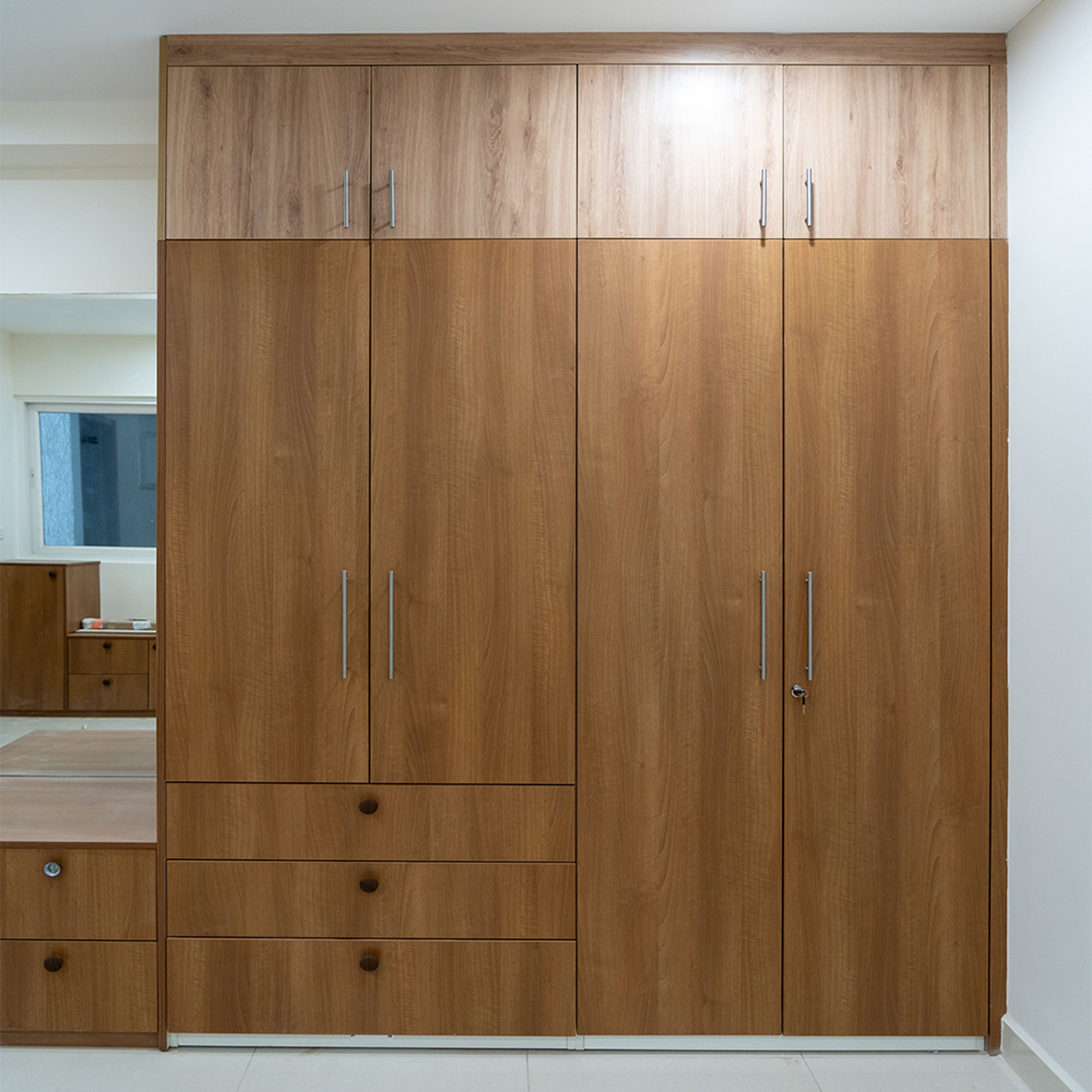 4-Door Brown Wooden Swing Wardrobe Design and Loft Unit