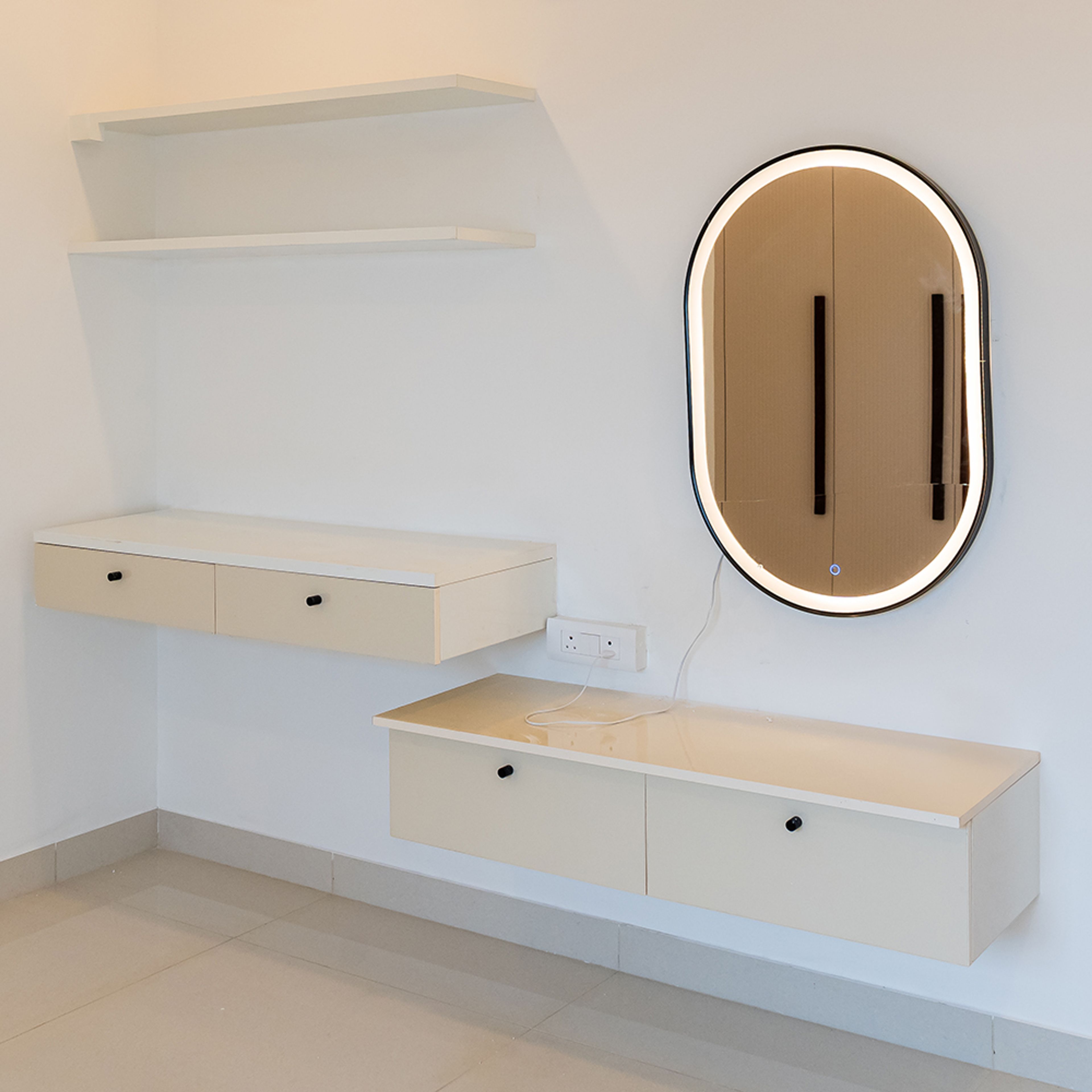 Study and Vanity Space With LED Mirror and Floating Shelves