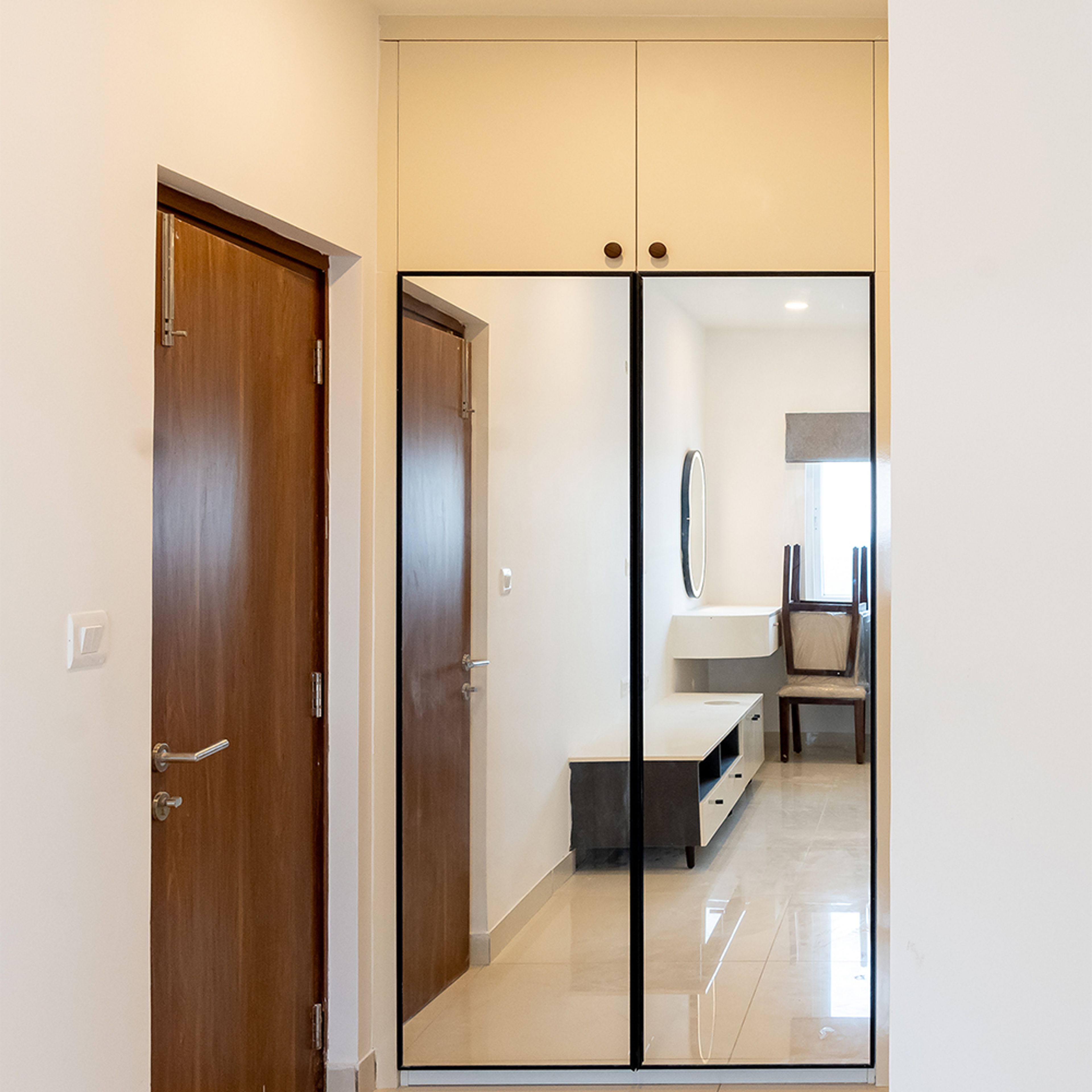 2-Door Cream Swing Wardrobe Design with Integrated Mirror