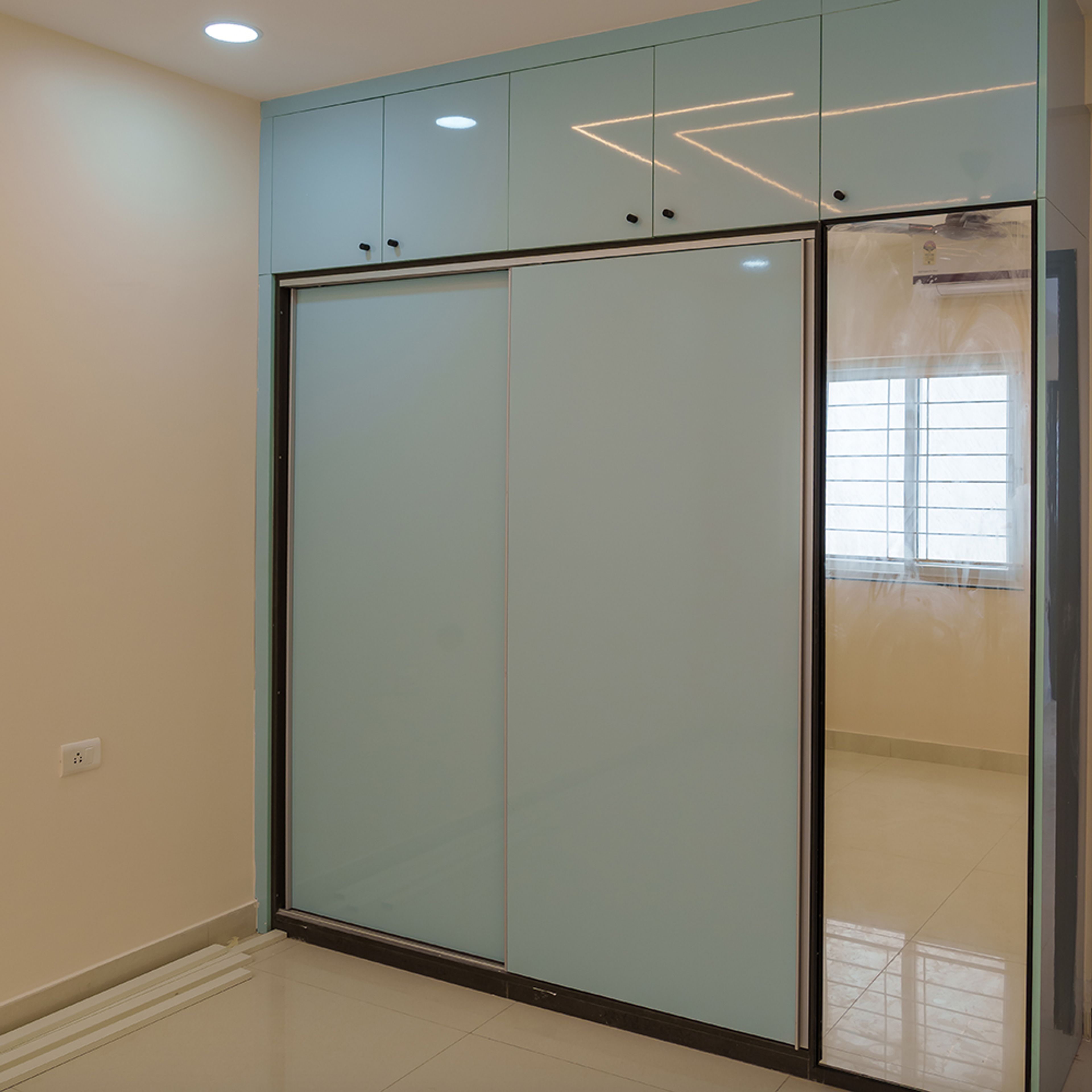 2-Door Blue Sliding Wardrobe with Integrated Mirror