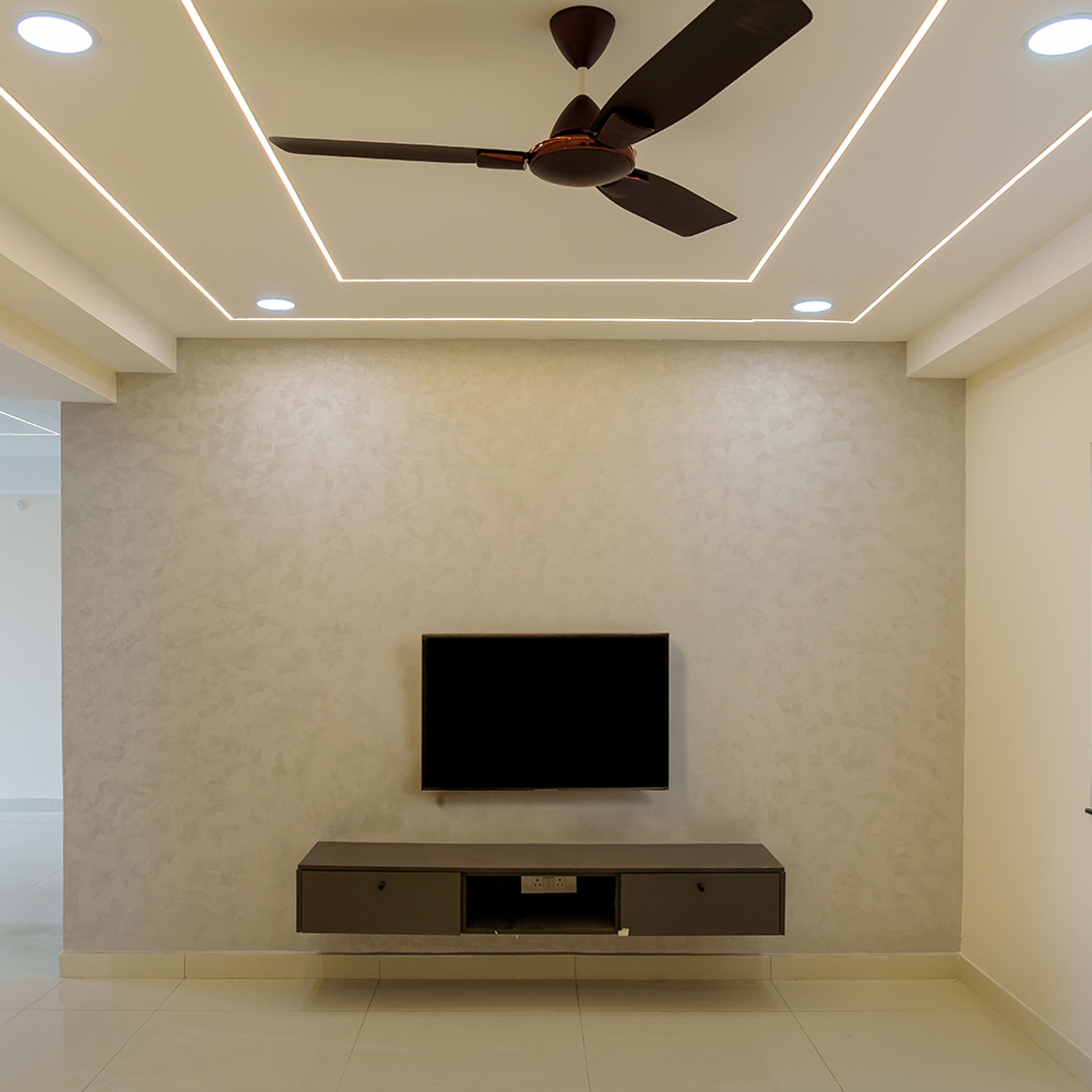 Gypsum Board False Ceiling With Recessed Led Strip And Spotlights and TV Unit