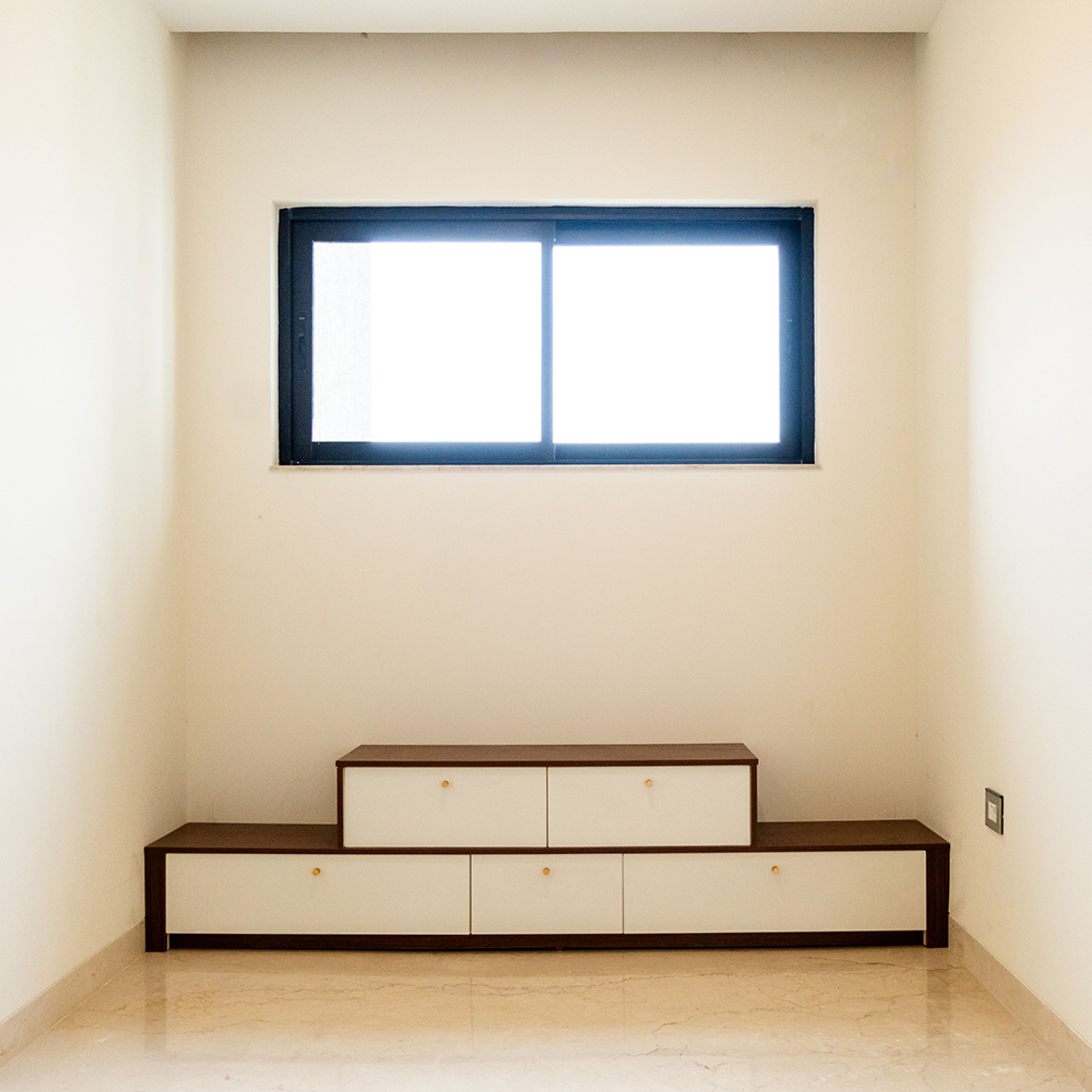 Pooja Unit Design with White and Wooden Drawers