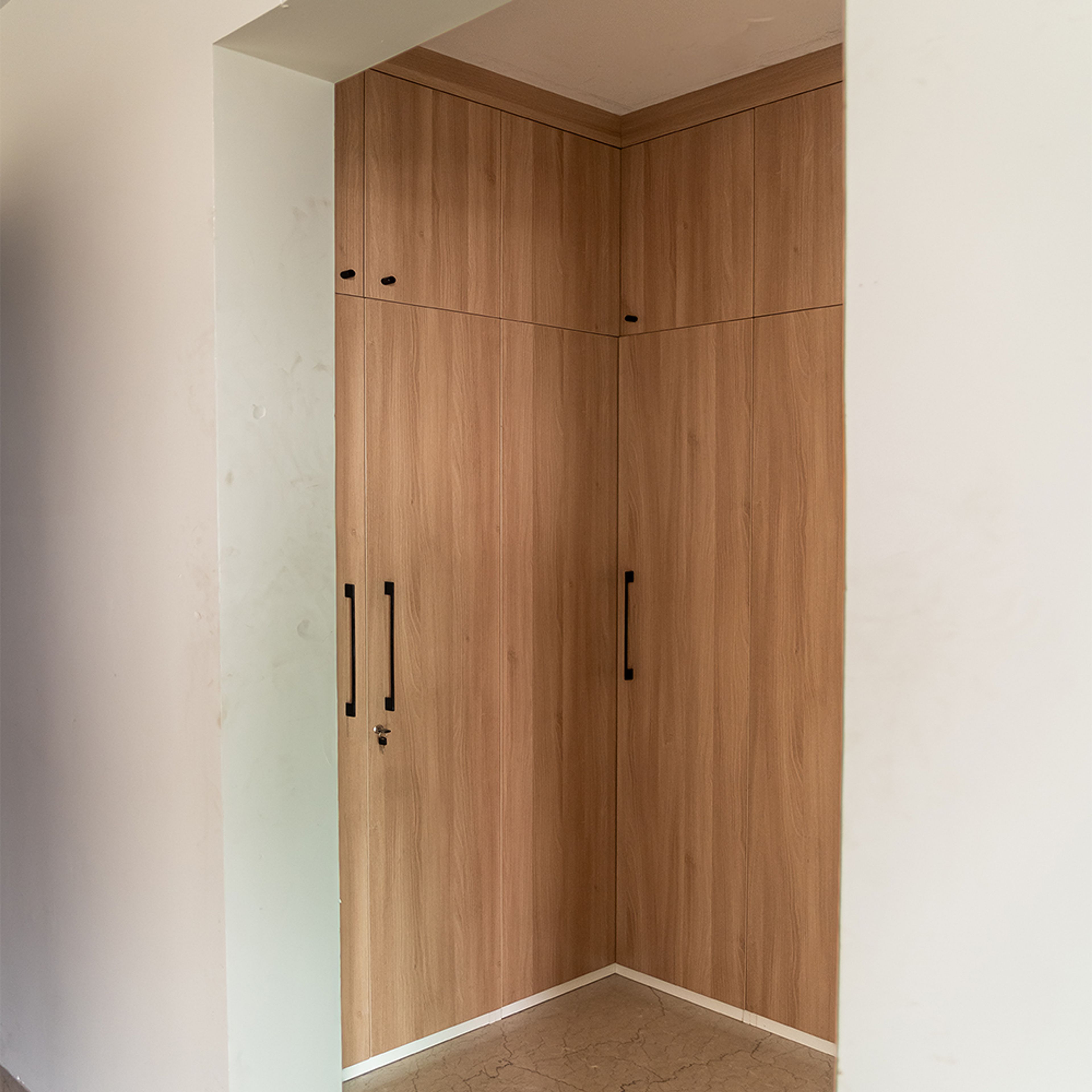 3-Door Wooden Swing Wardrobe Design with Loft Unit