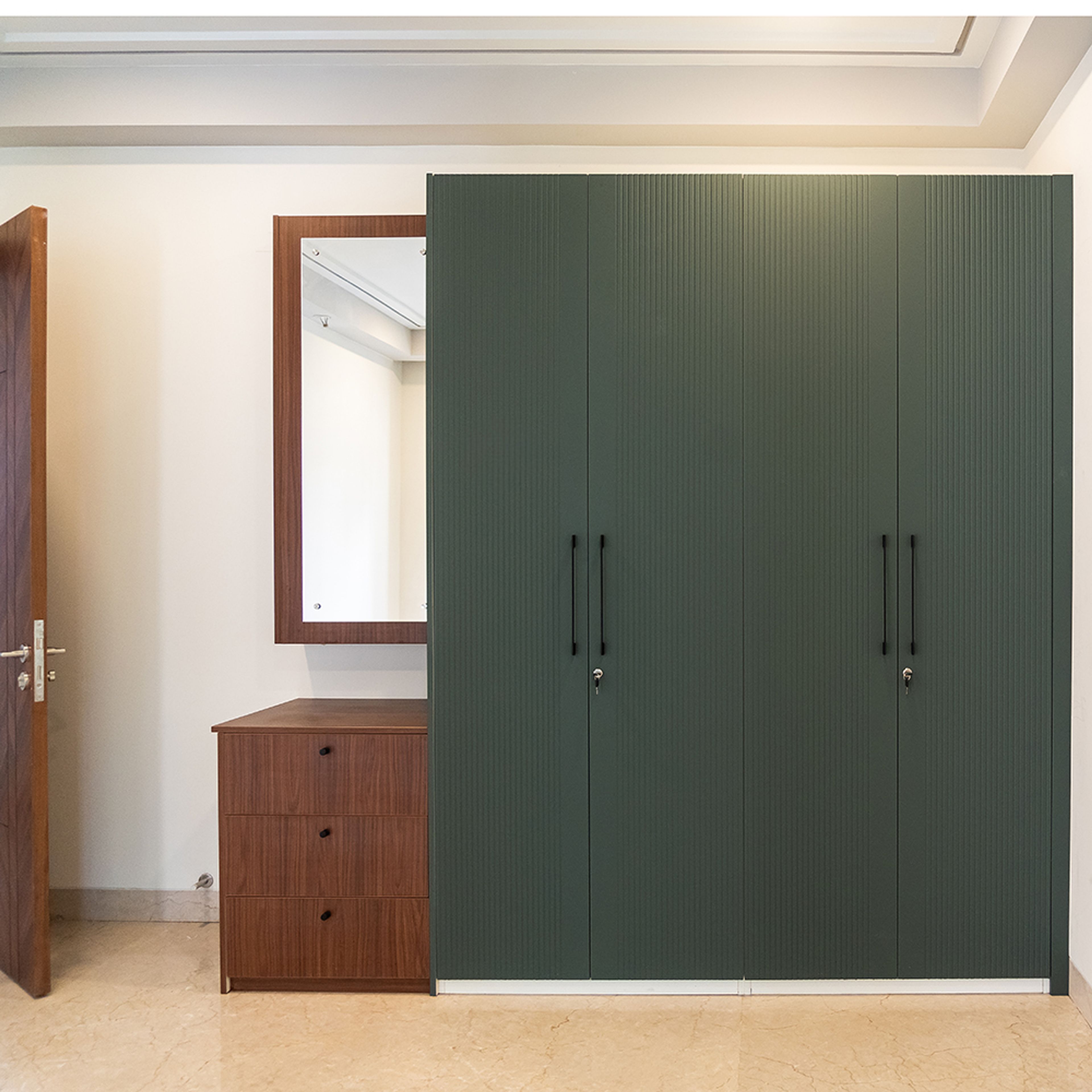 4-Door Greyish Green Swing Wardrobe Design with Wooden Dressing Unit