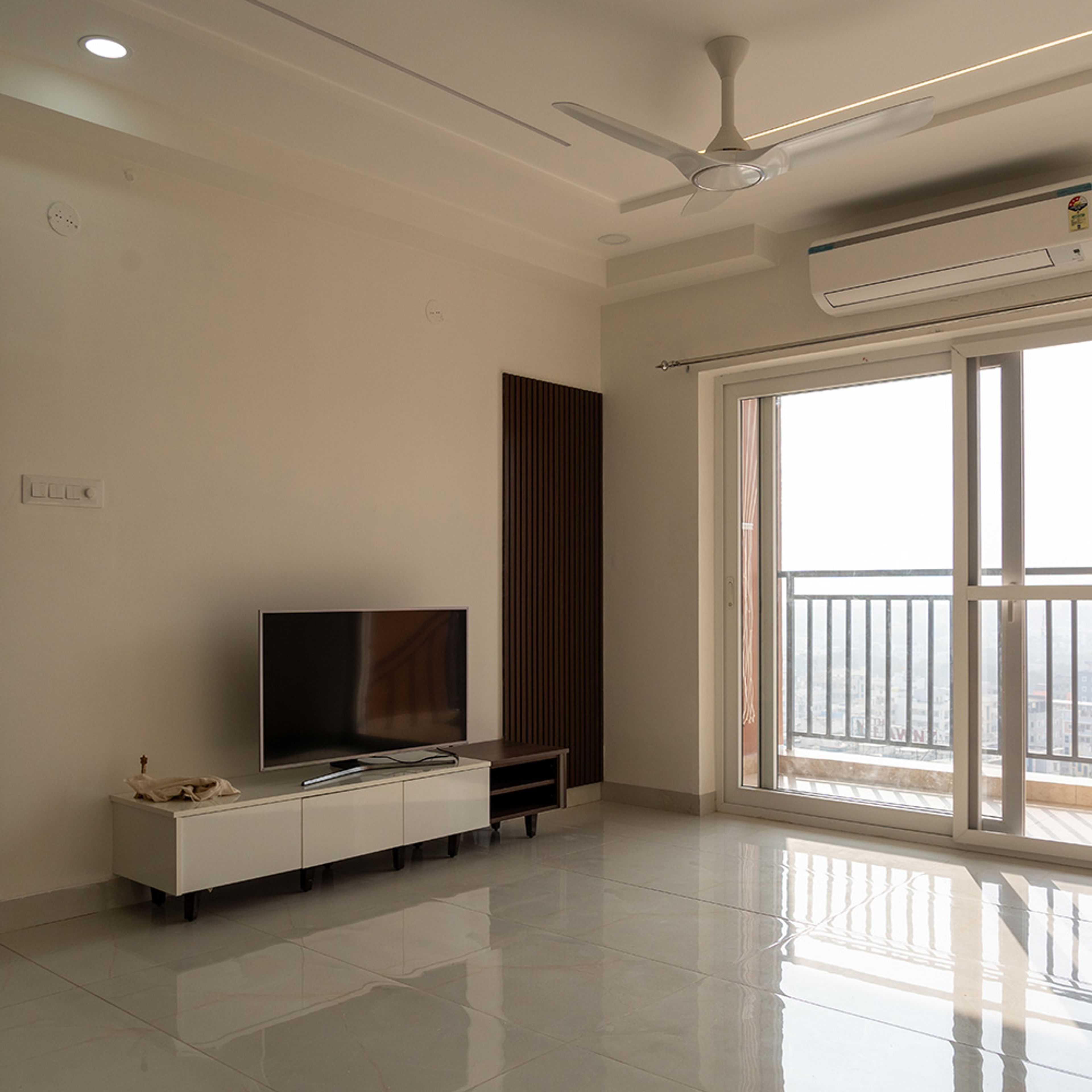 TV Unit Design with Wall Mounted Drawers and Wooden Slats Wall