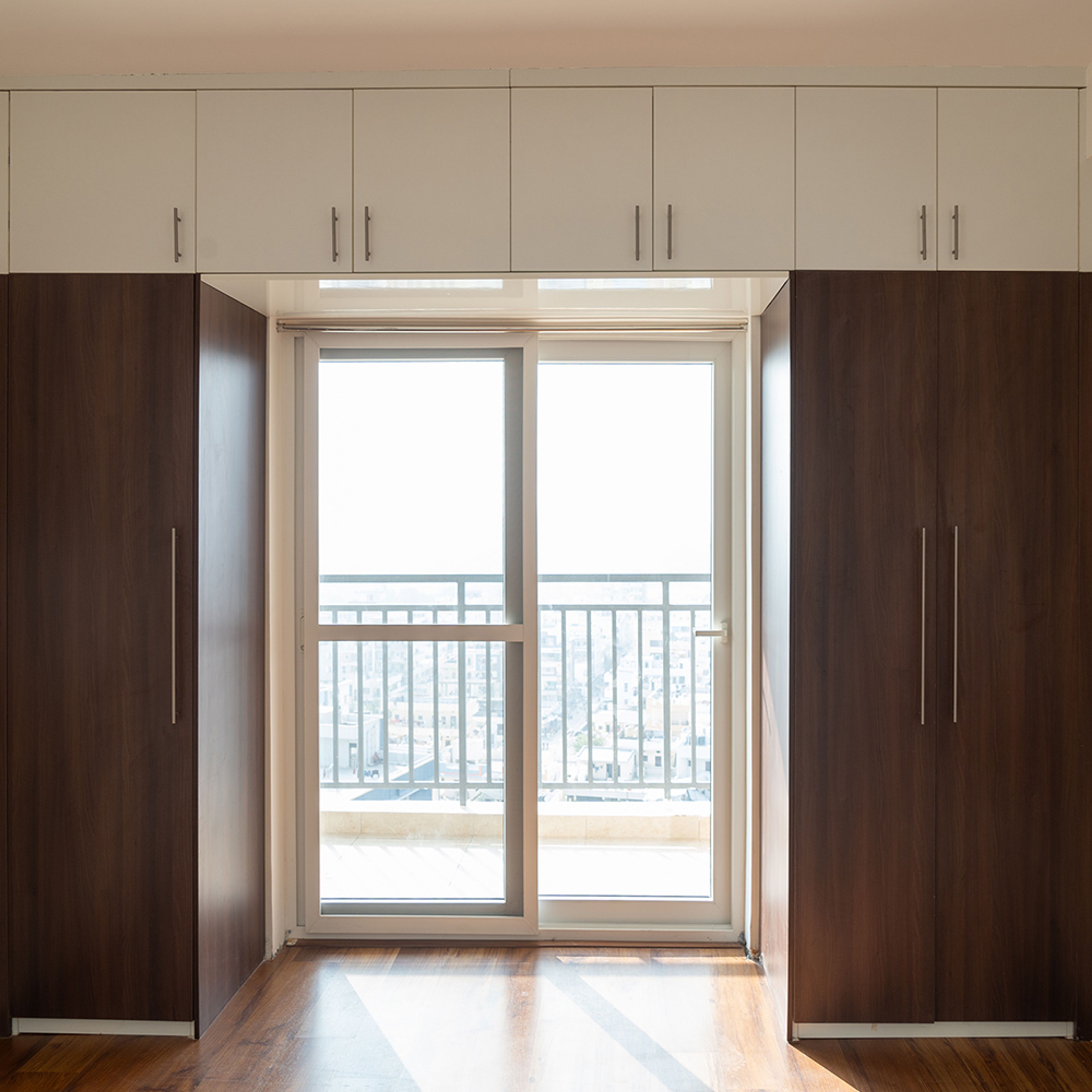 3-Door Wooden Swing Wardrobe Design with White Loft Unit