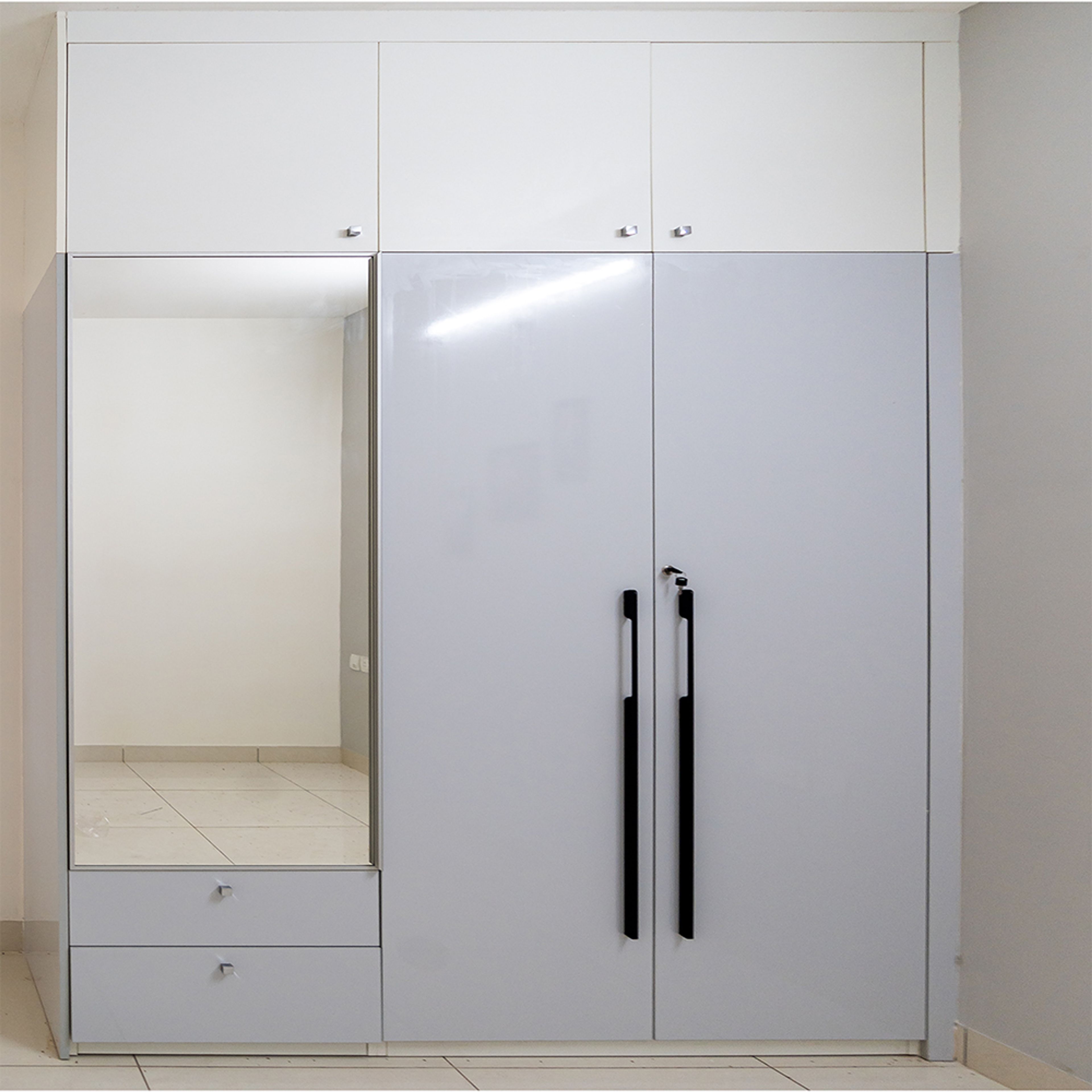 2-door grey swing wardrobe design with integrated mirror