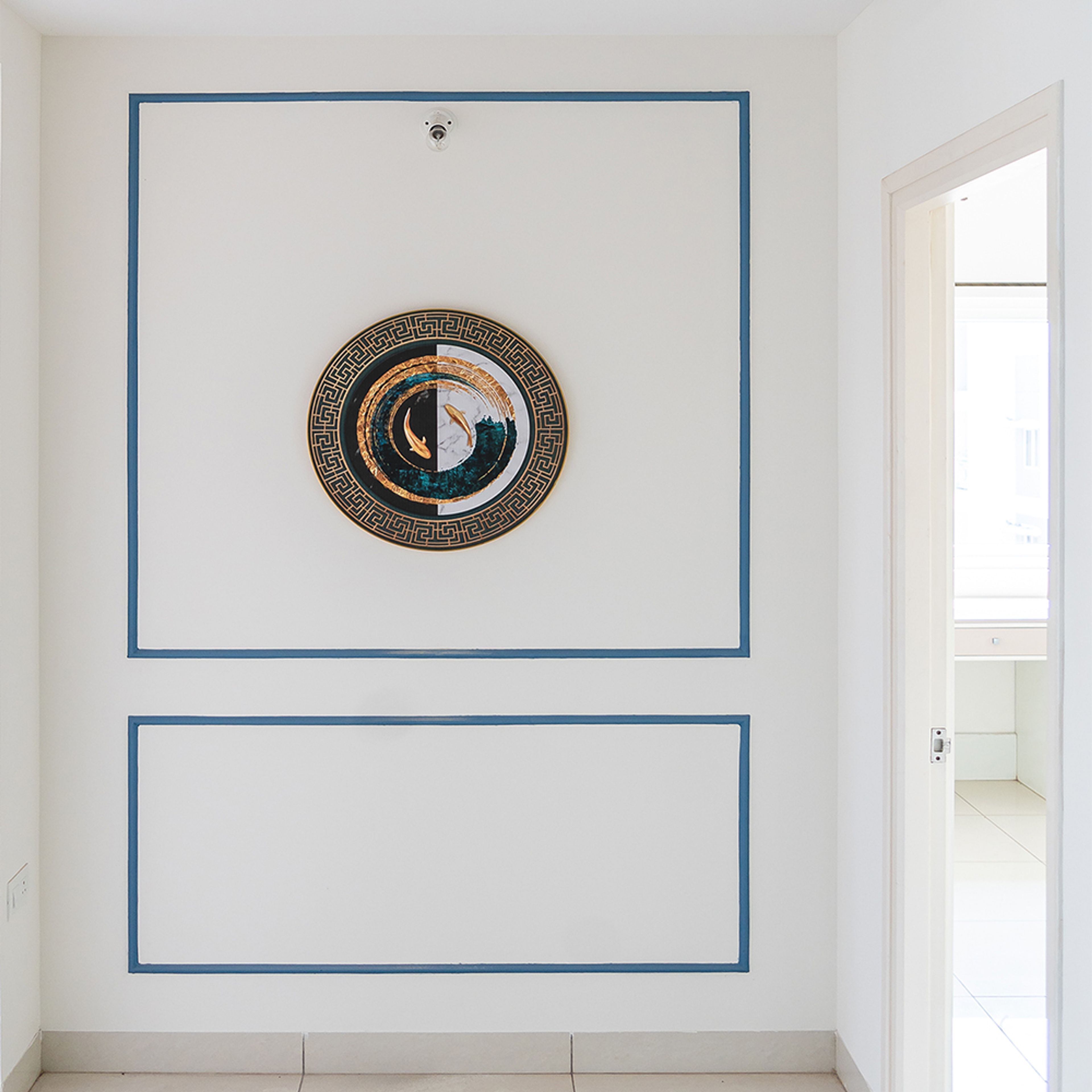 Foyer design with white wall with blue trims