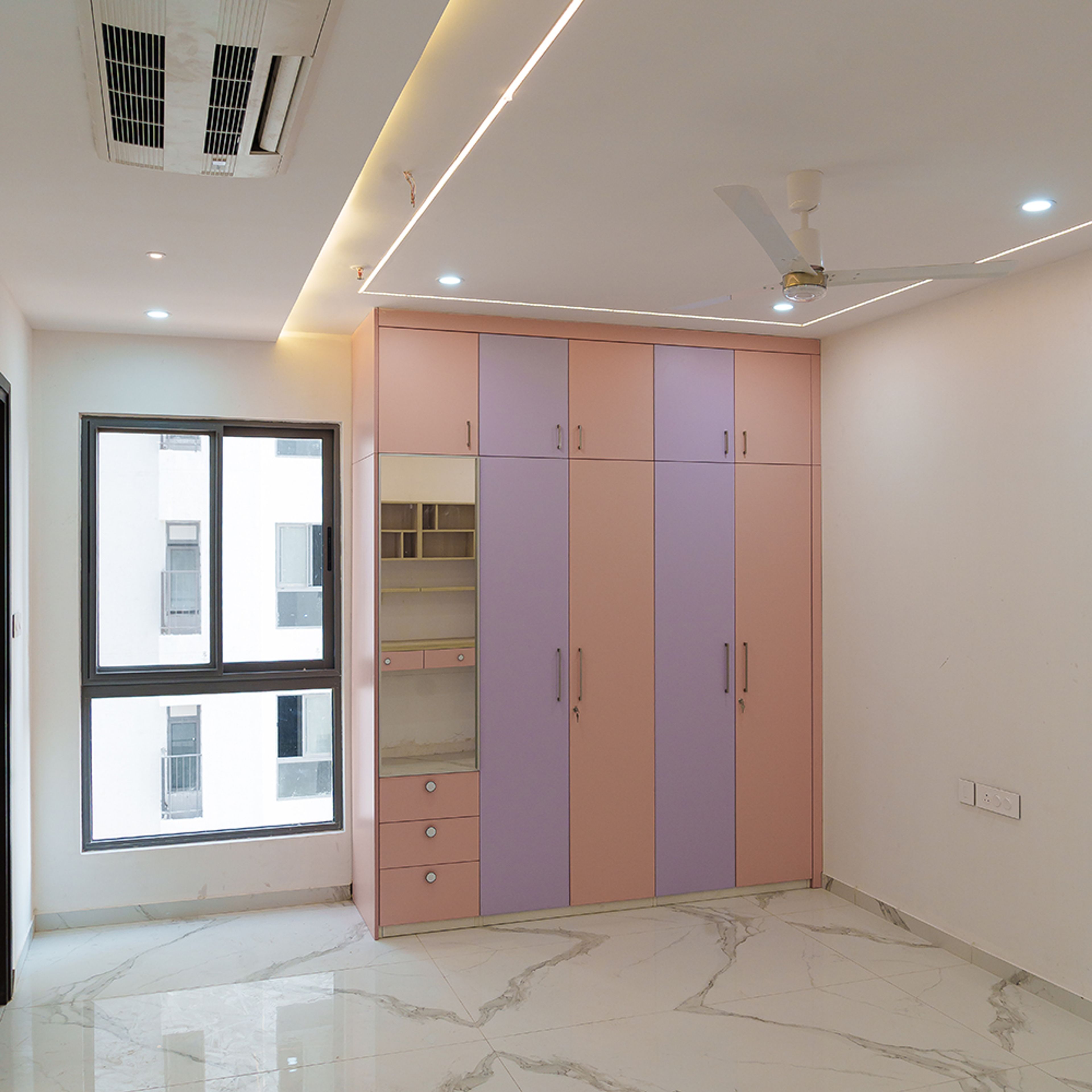 4-door peach and lavender swing wardrobe design