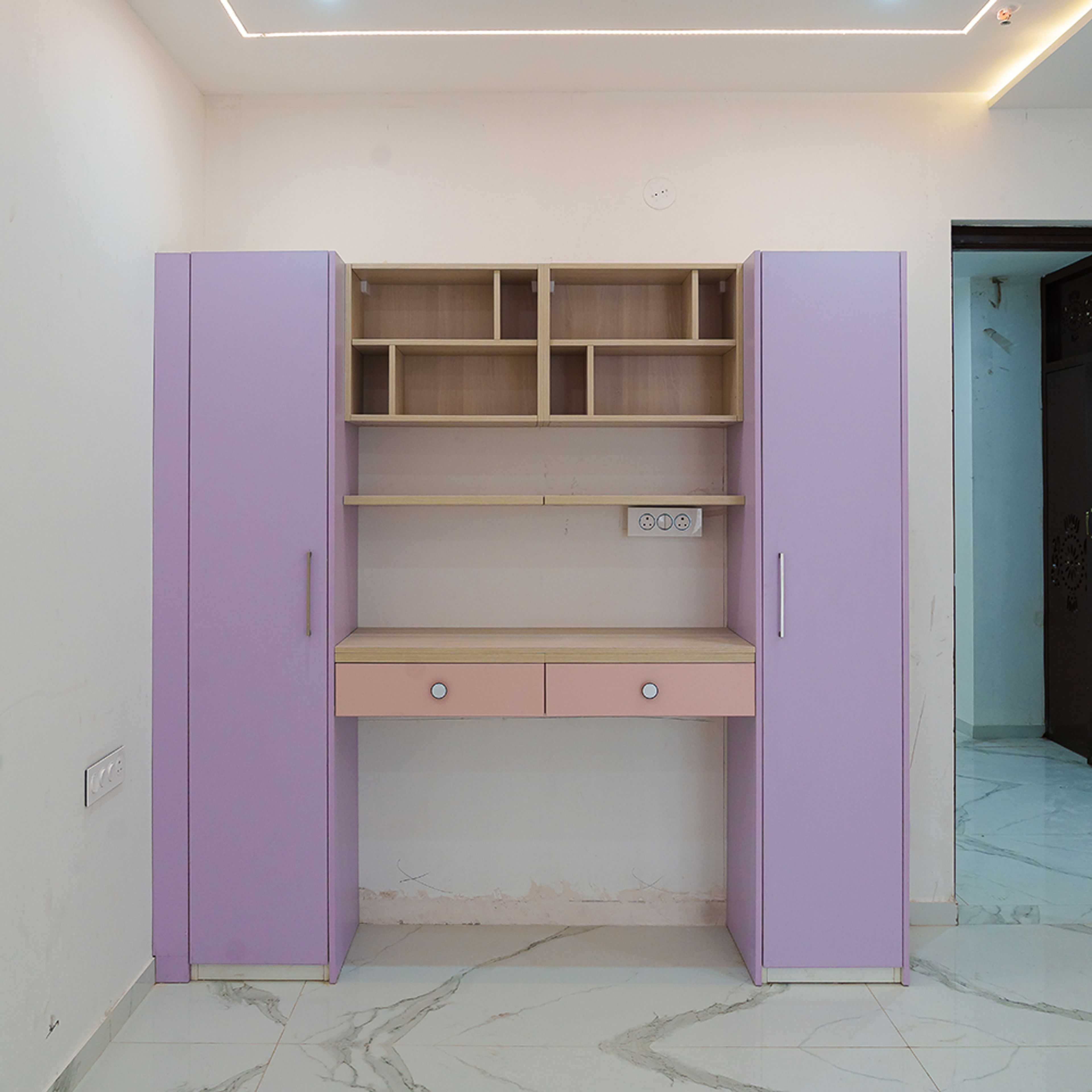 2 single door lavender swing wardrobe with TV Unit in center