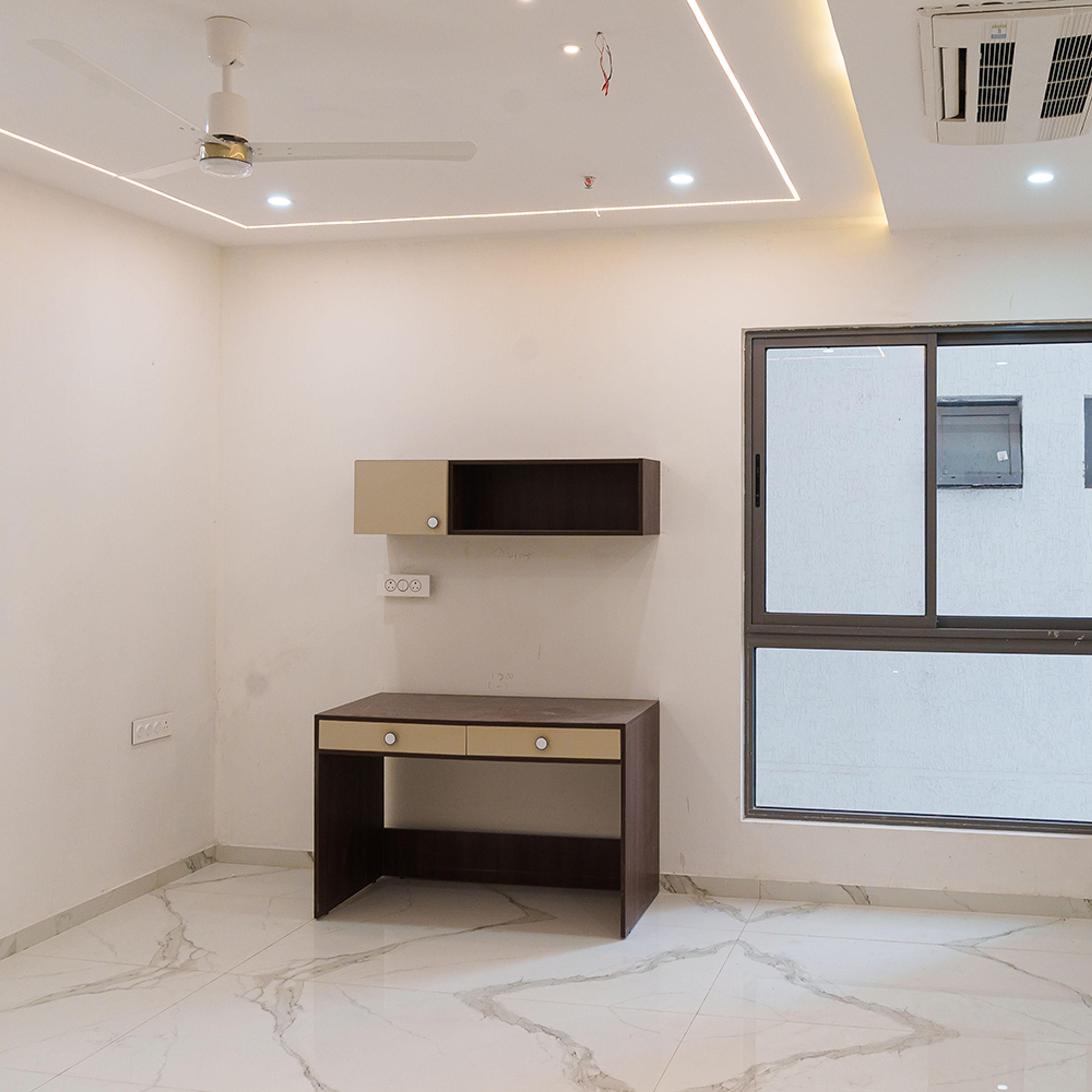 Wooden TV Unit with single layer false ceiling design