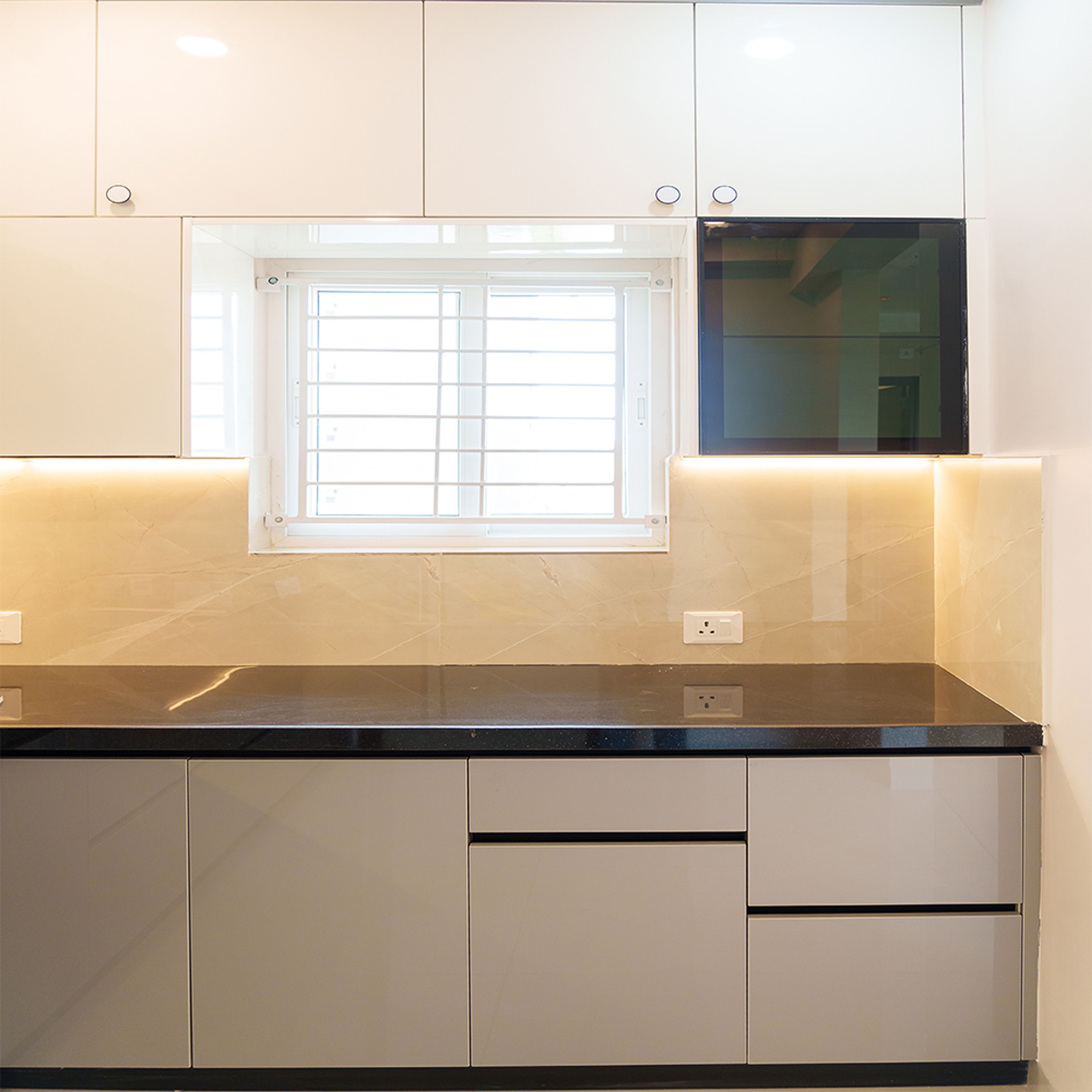 Straight Kitchen Design with Grey Base Units and Under Cabinet Lighting