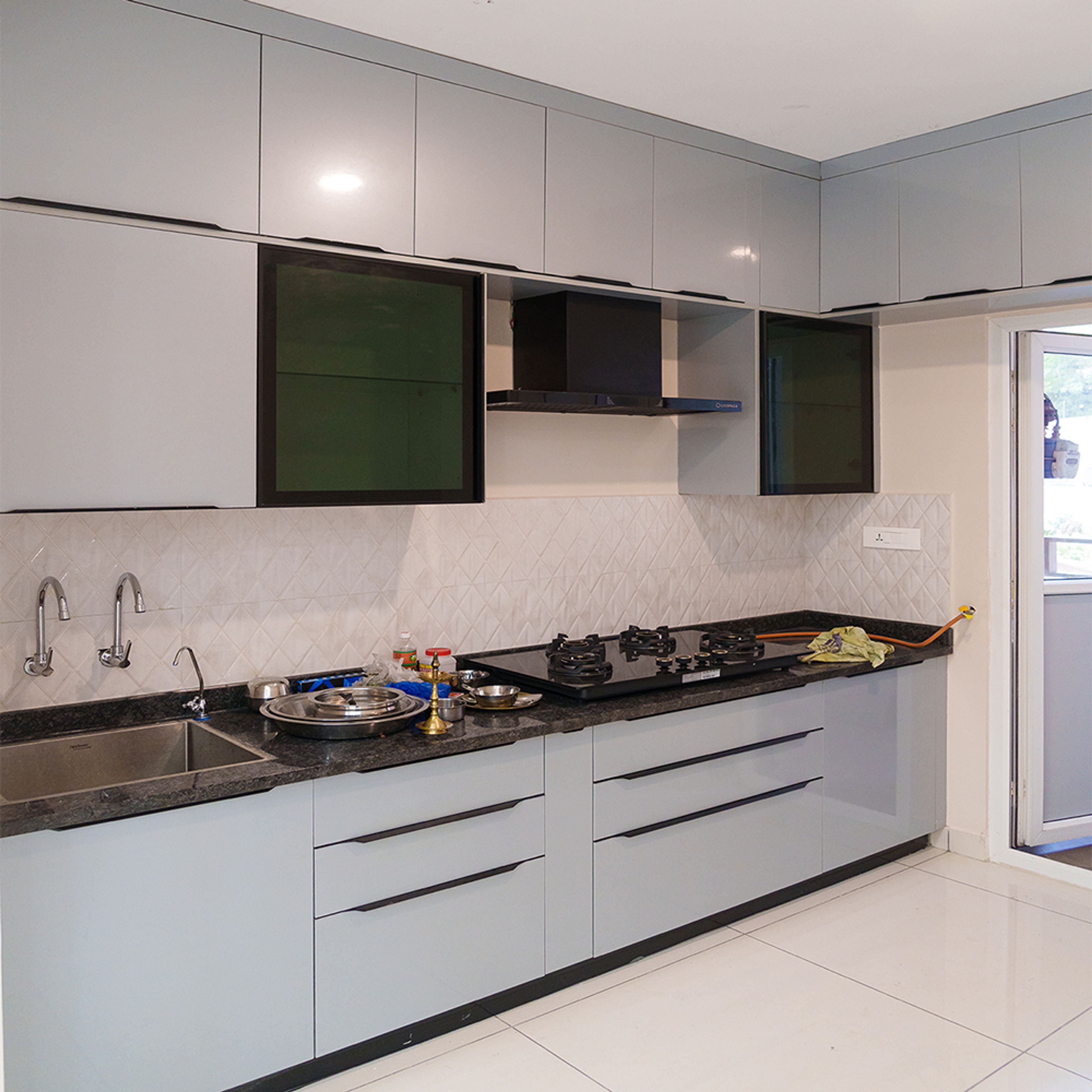Straight Kitchen Design with Grey Cabinets and Granite Countertop