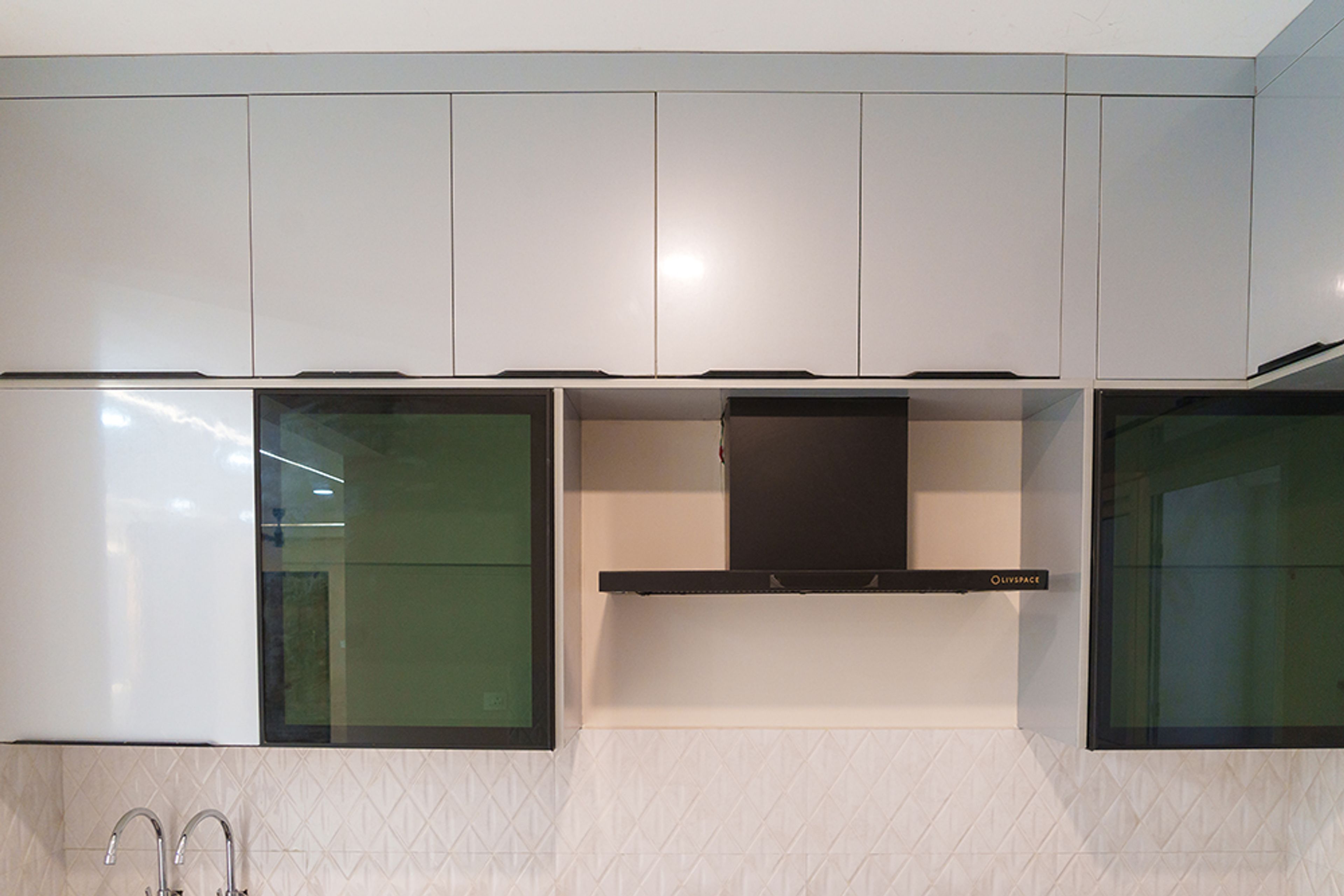 Straight Kitchen Design with Grey Wall Cabinets and Glass Shutter Units